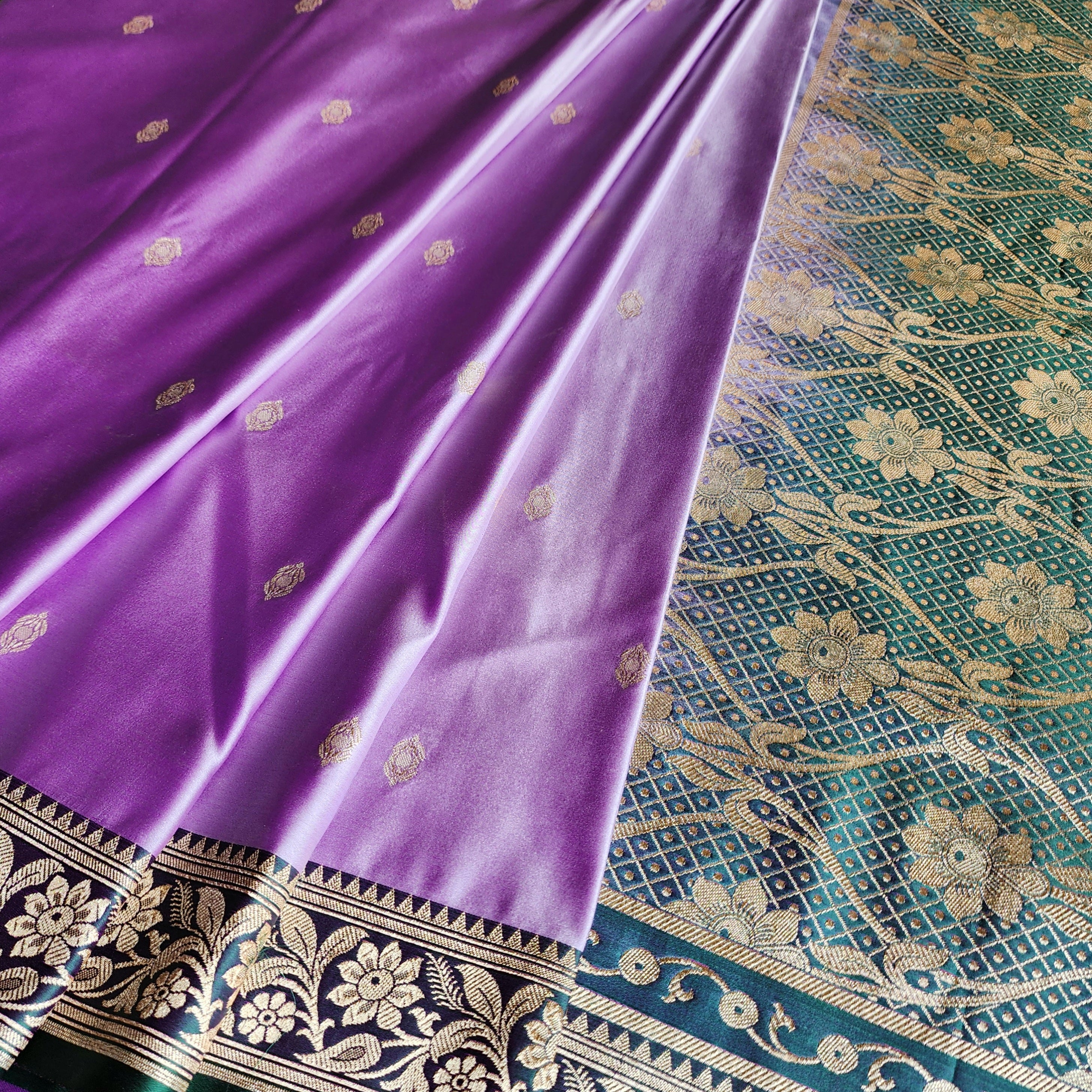 Lavender Katan Silk Saree with Emerald Green and Gold Zari Border