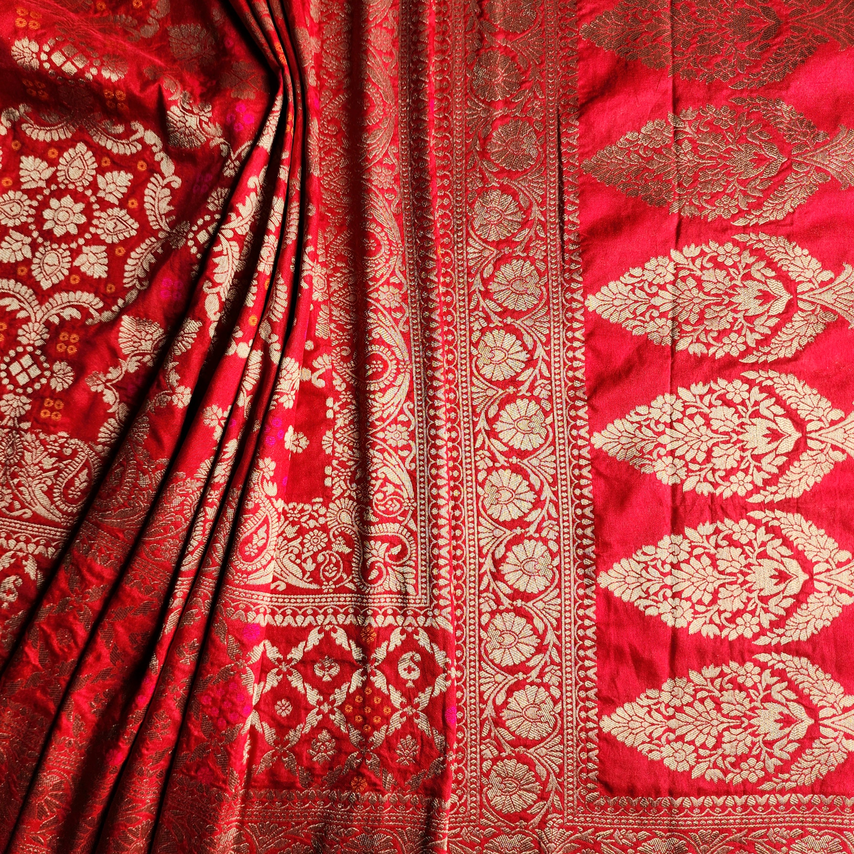 Deep Ruby Red Bandhani Dupatta with Floral and Geometric Zari Weave
