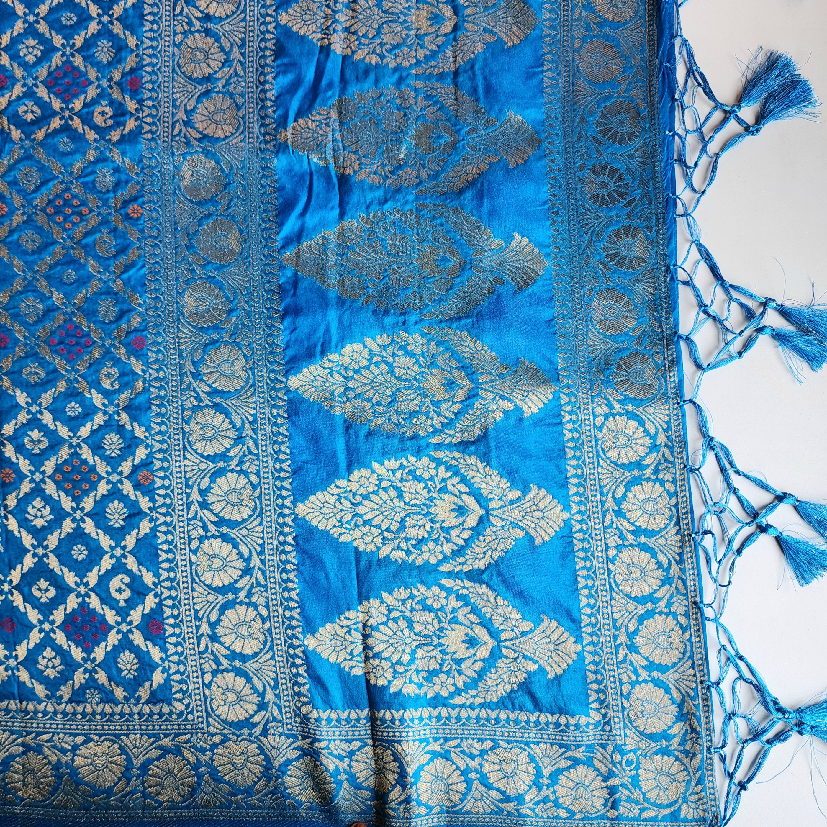 Electric Blue Bandhani Dupatta with Floral and Geometric Zari Weave
