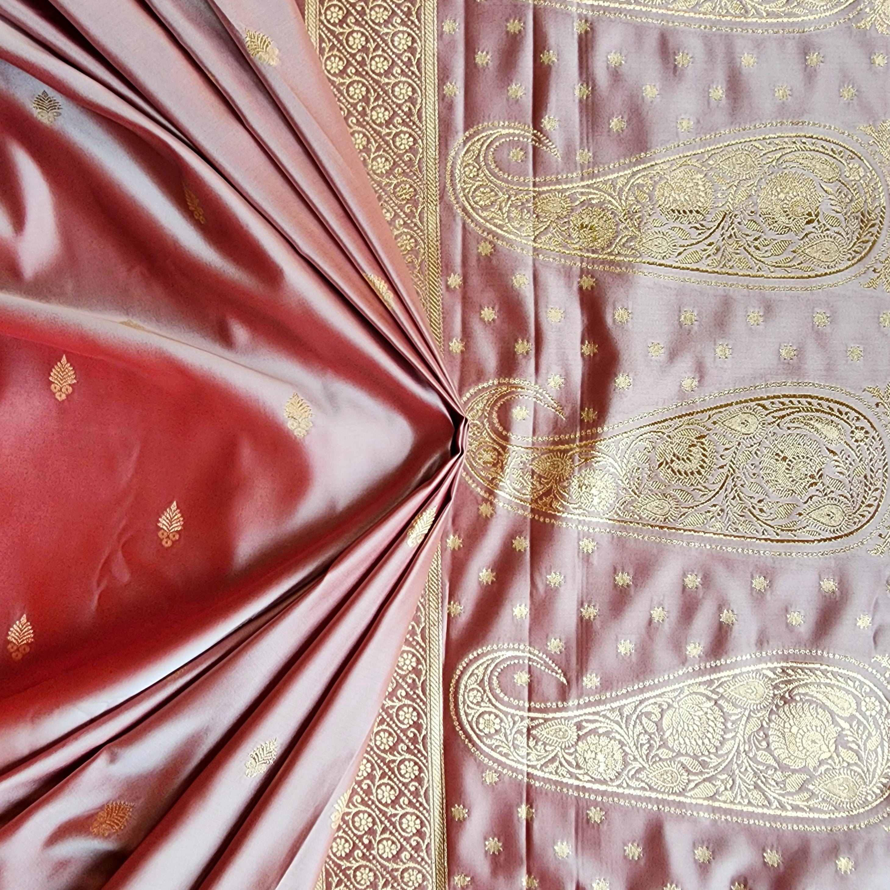 Dusty Rose Katan Silk Saree with Mustard Yellow Gold Zari Border
