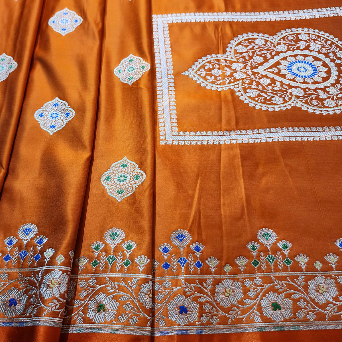 Orange Banarasi Katan Silk Saree with Multicolor Meenakari