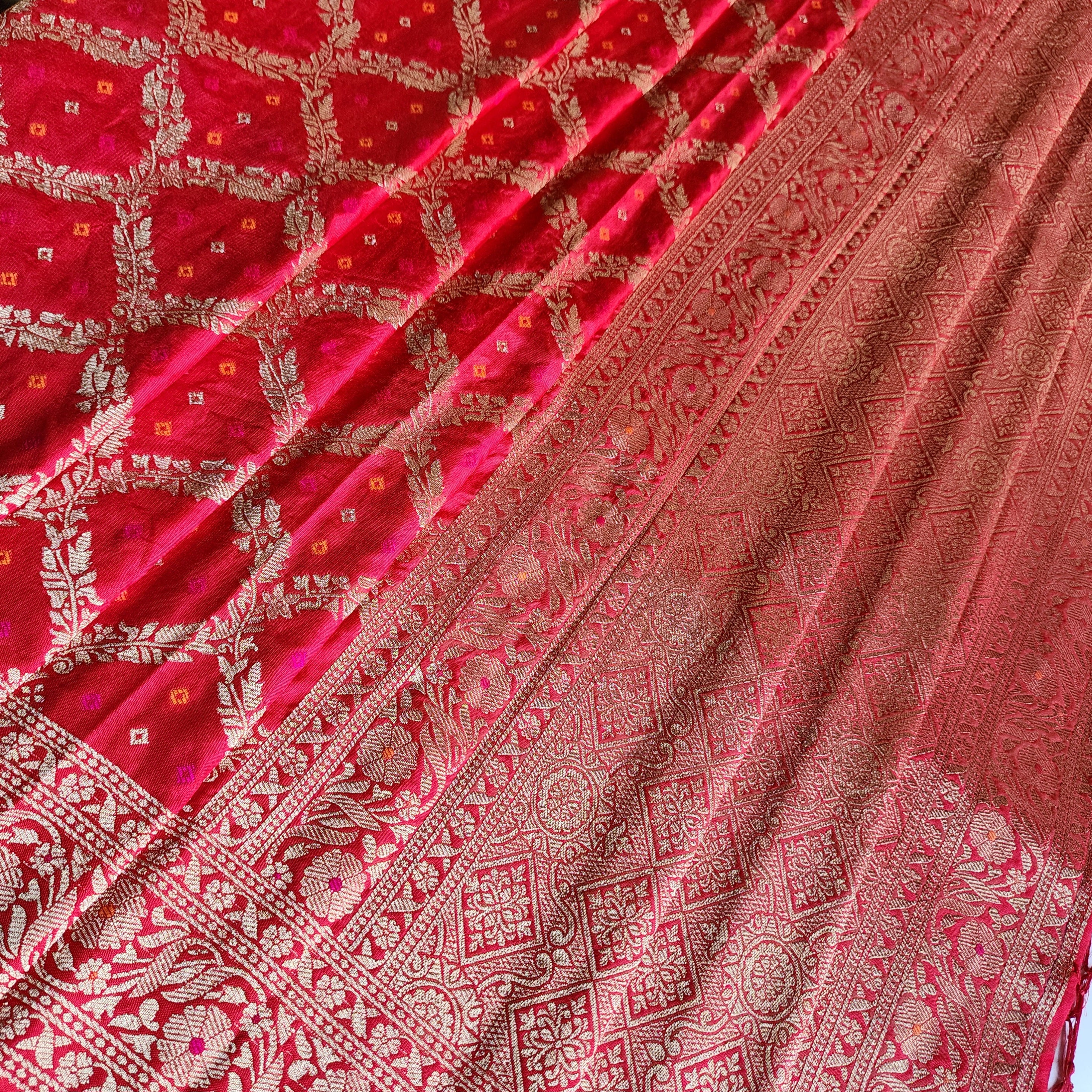 Crimson Red Bandhani Dupatta with Traditional Jaal