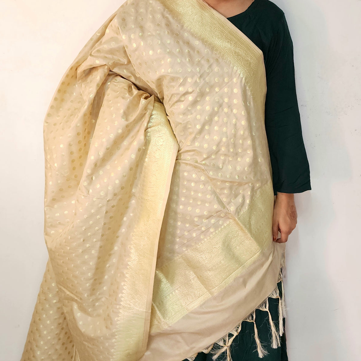 Champagne Beige Banarasi Silk Dupatta with Gold Polka Dot