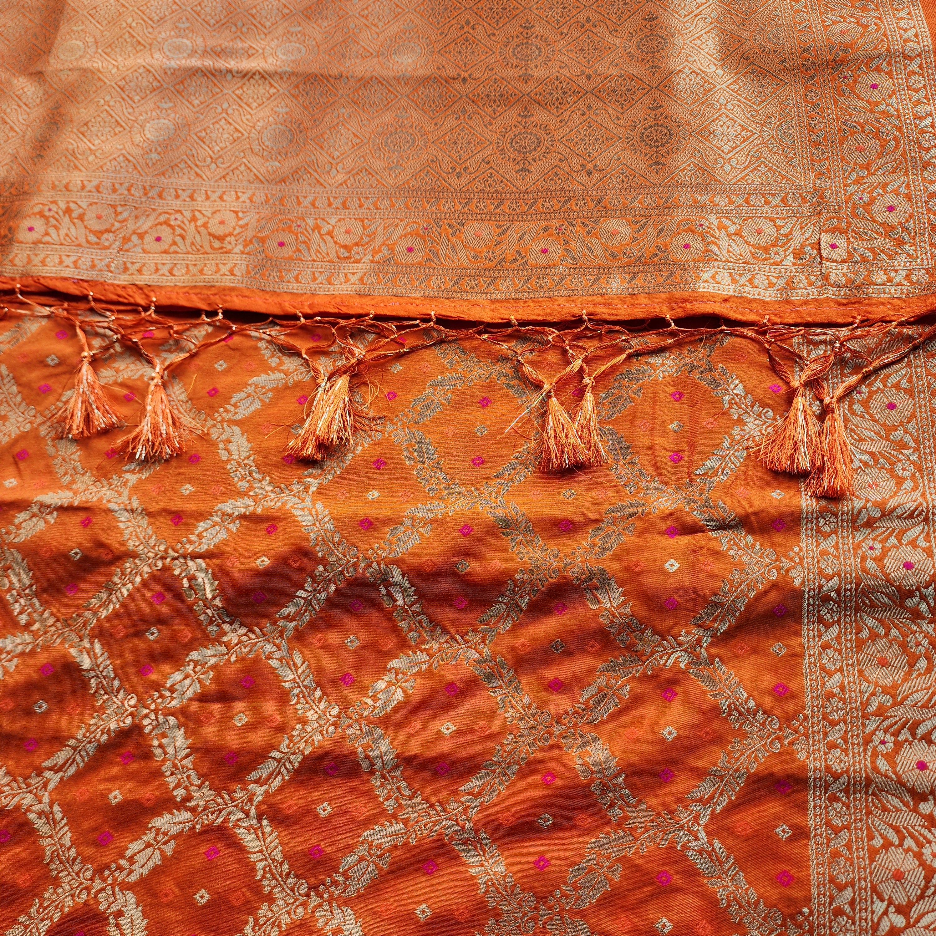 Rust Orange Bandhani Dupatta with Traditional Jaal