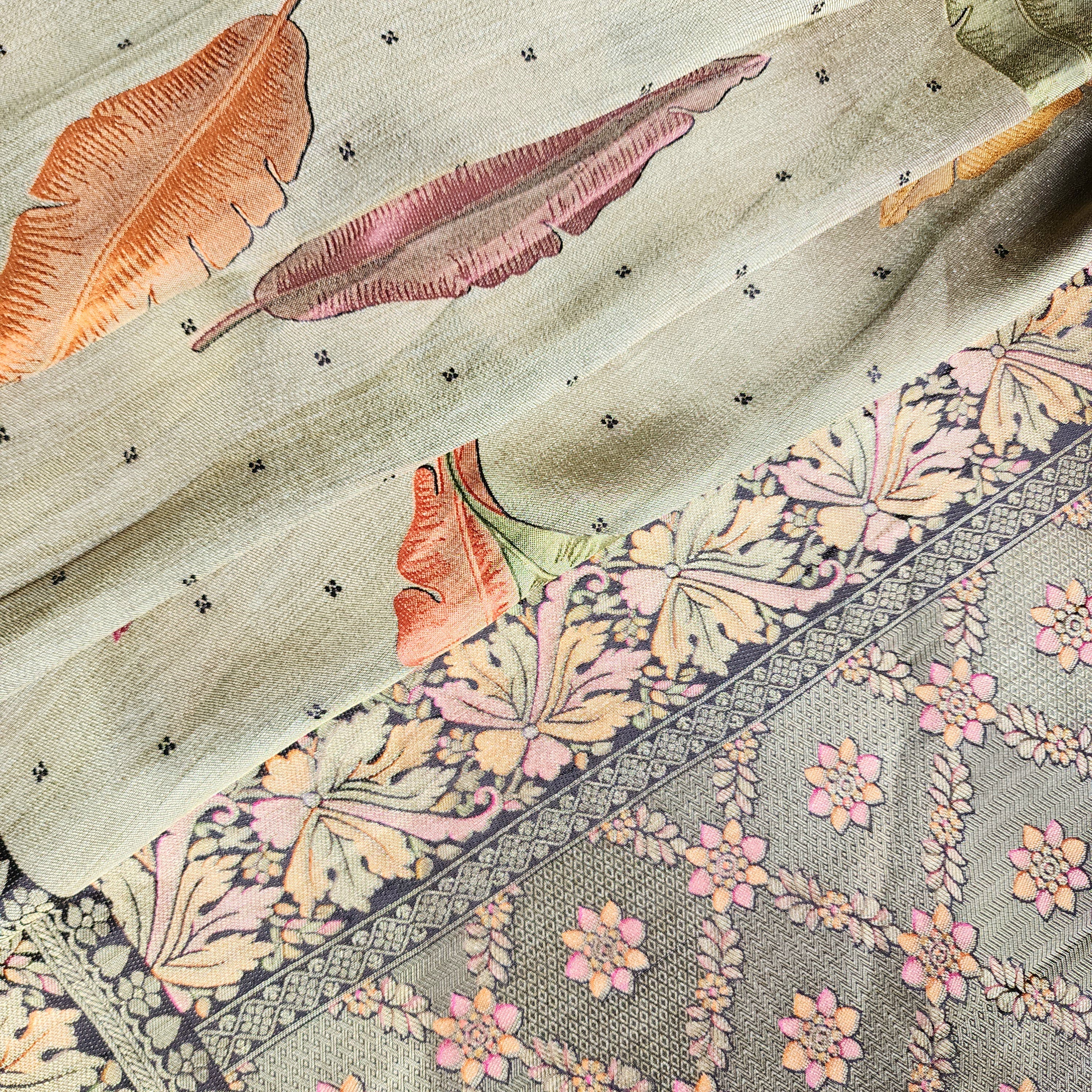 Dove Grey Tissue Silk Saree with Artistic Leaf Motifs