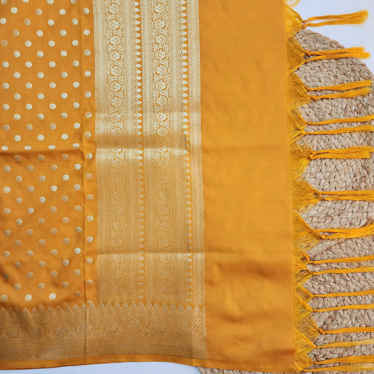 Mustard Yellow Banarasi Silk Dupatta with Gold Polka Dot