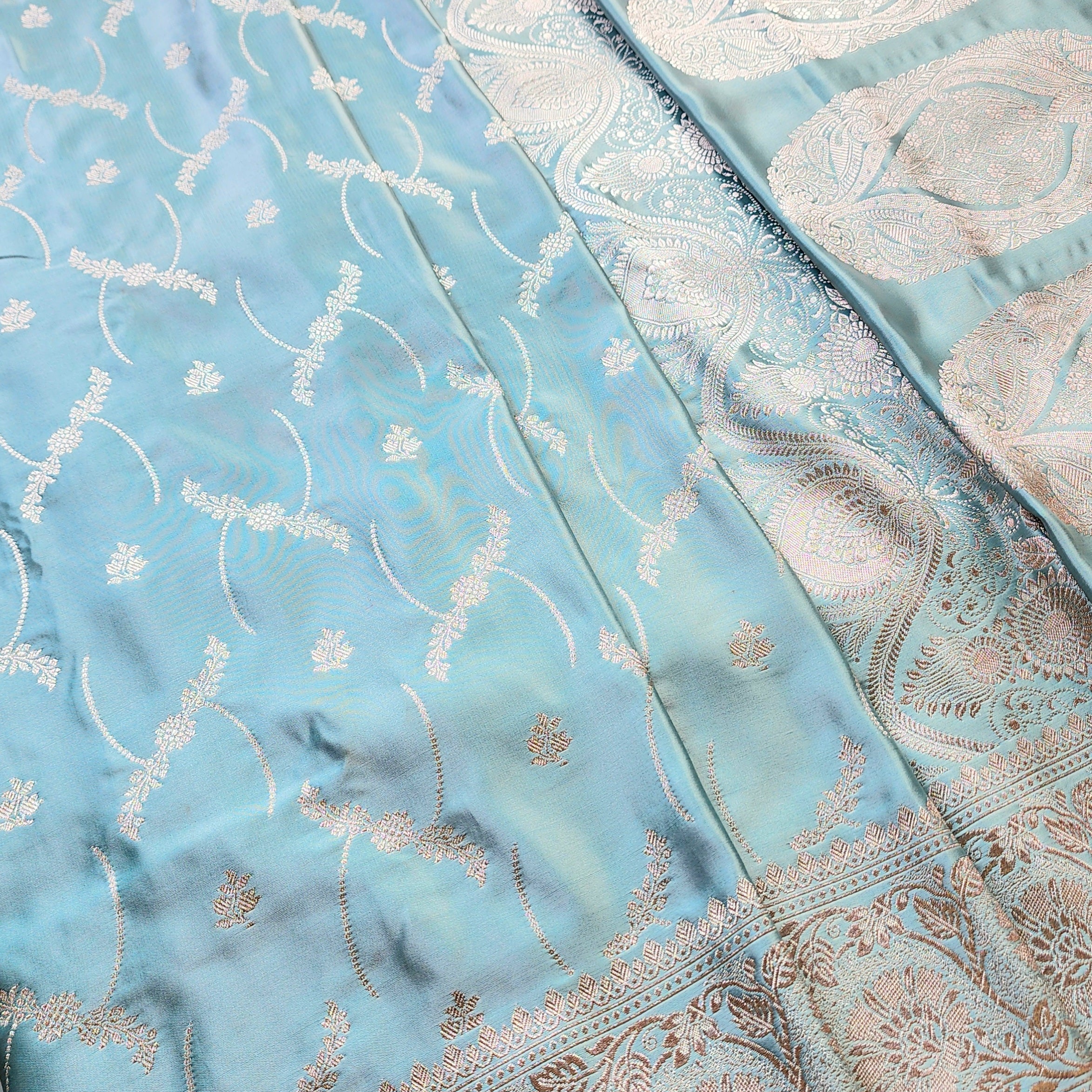 Pastel Sky Blue Banarasi Katan Silk Saree with Light Gold Zari weaving