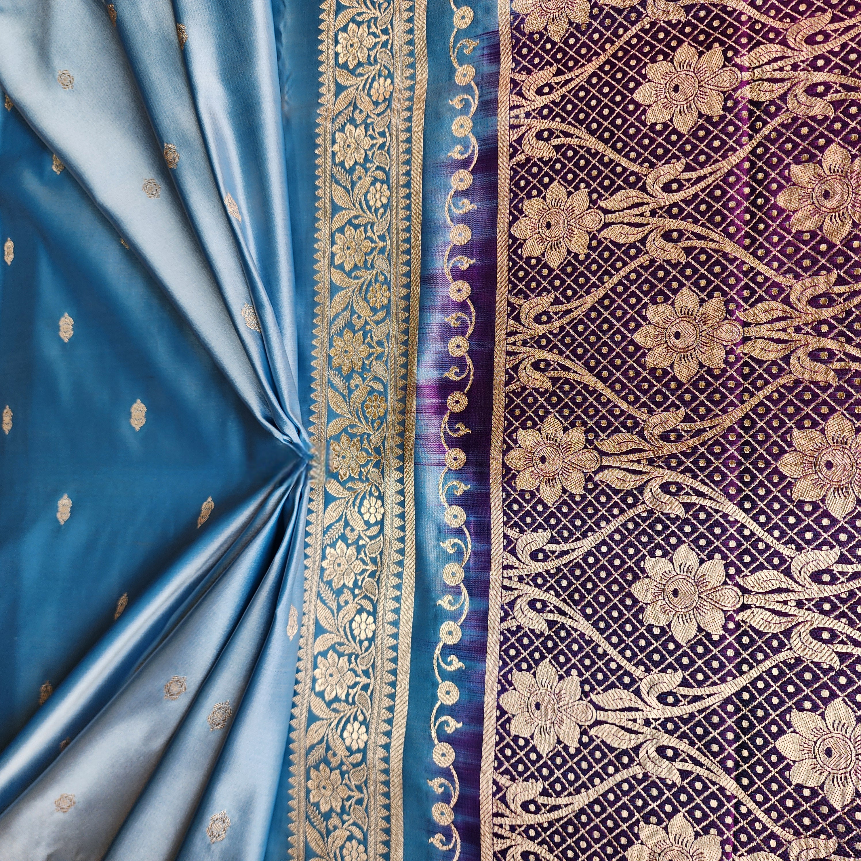 Teal Blue Katan Silk Saree with Purple and Gold Zari Border