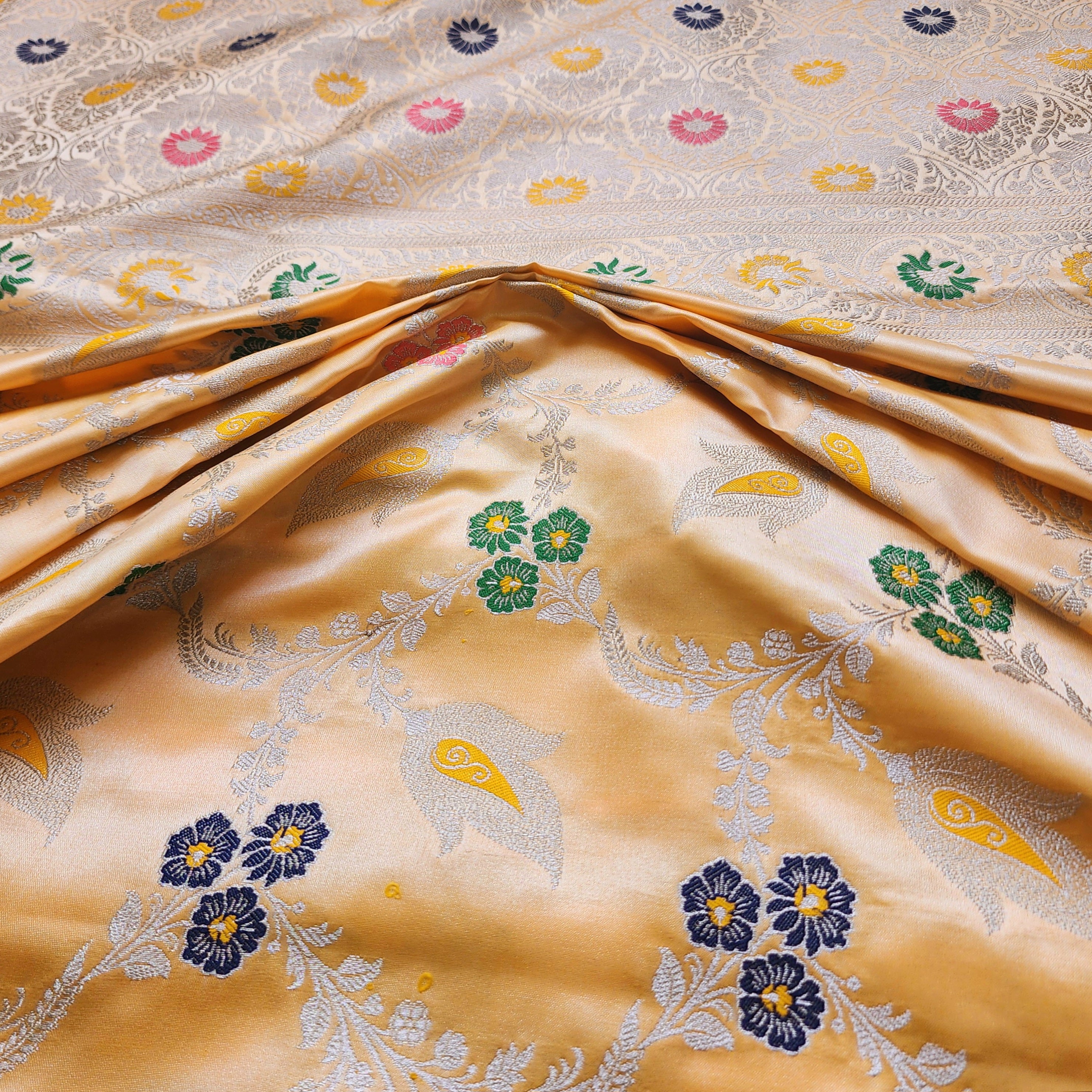 Enriched Light Orange Banarasi Katan Silk Saree with Multicolor Meenakari Floral Jaal