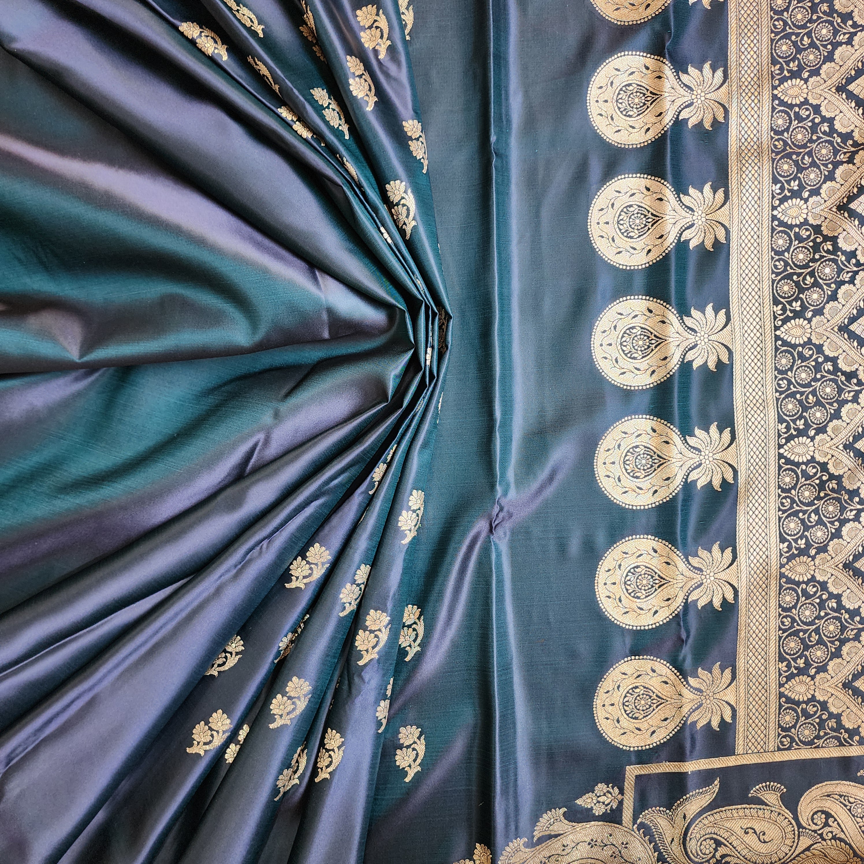 Teal Blue Pure Banarasi Katan Silk Saree with light Gold Zari Weaving