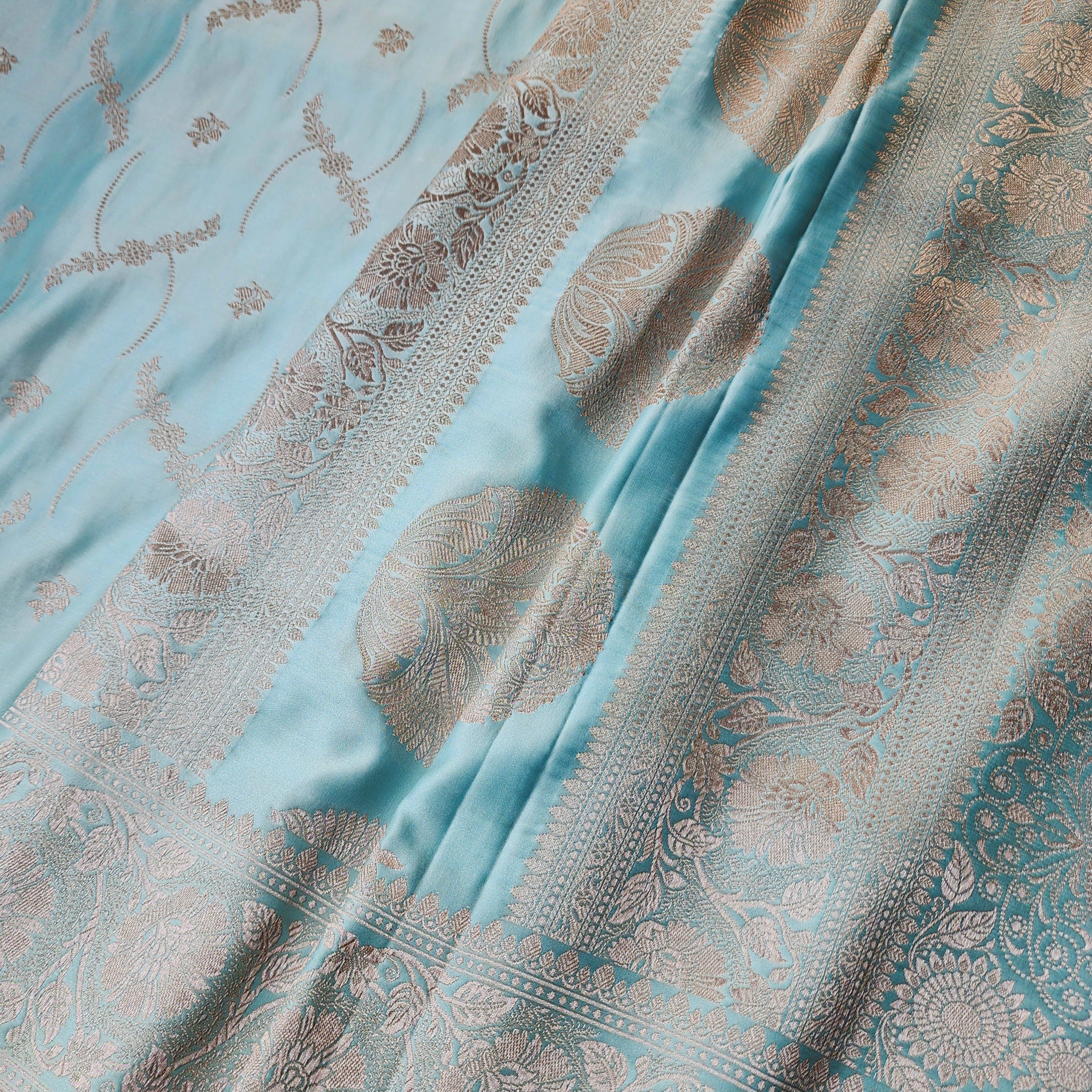 Pastel Blue Banarasi Katan Silk Saree with Light Gold Zari weaving