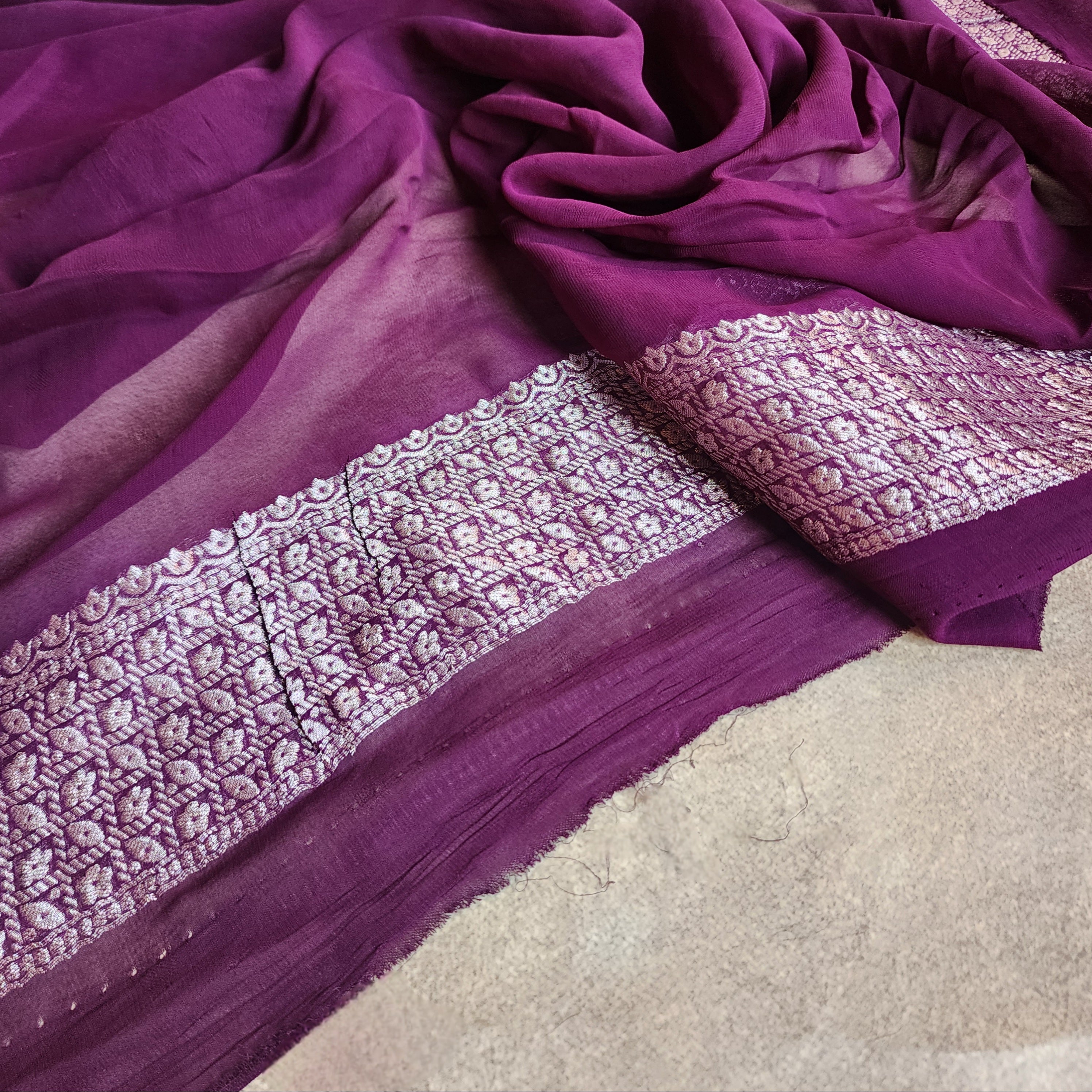 Dark Purple Khaddi Georgette Pure Banarasi Saree with Silver Zari