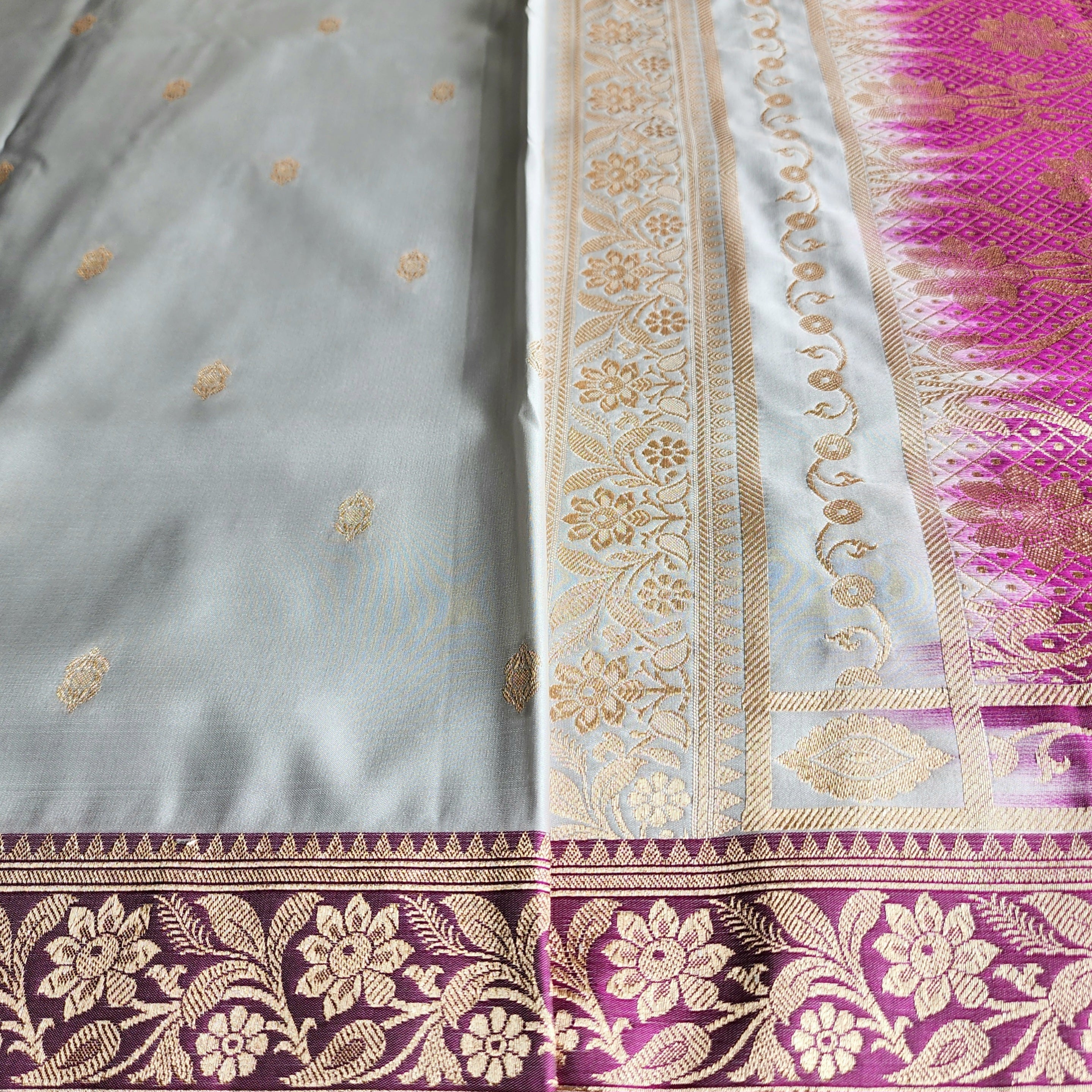 Powder Blue Katan Silk Saree with Purple and Gold Zari Border