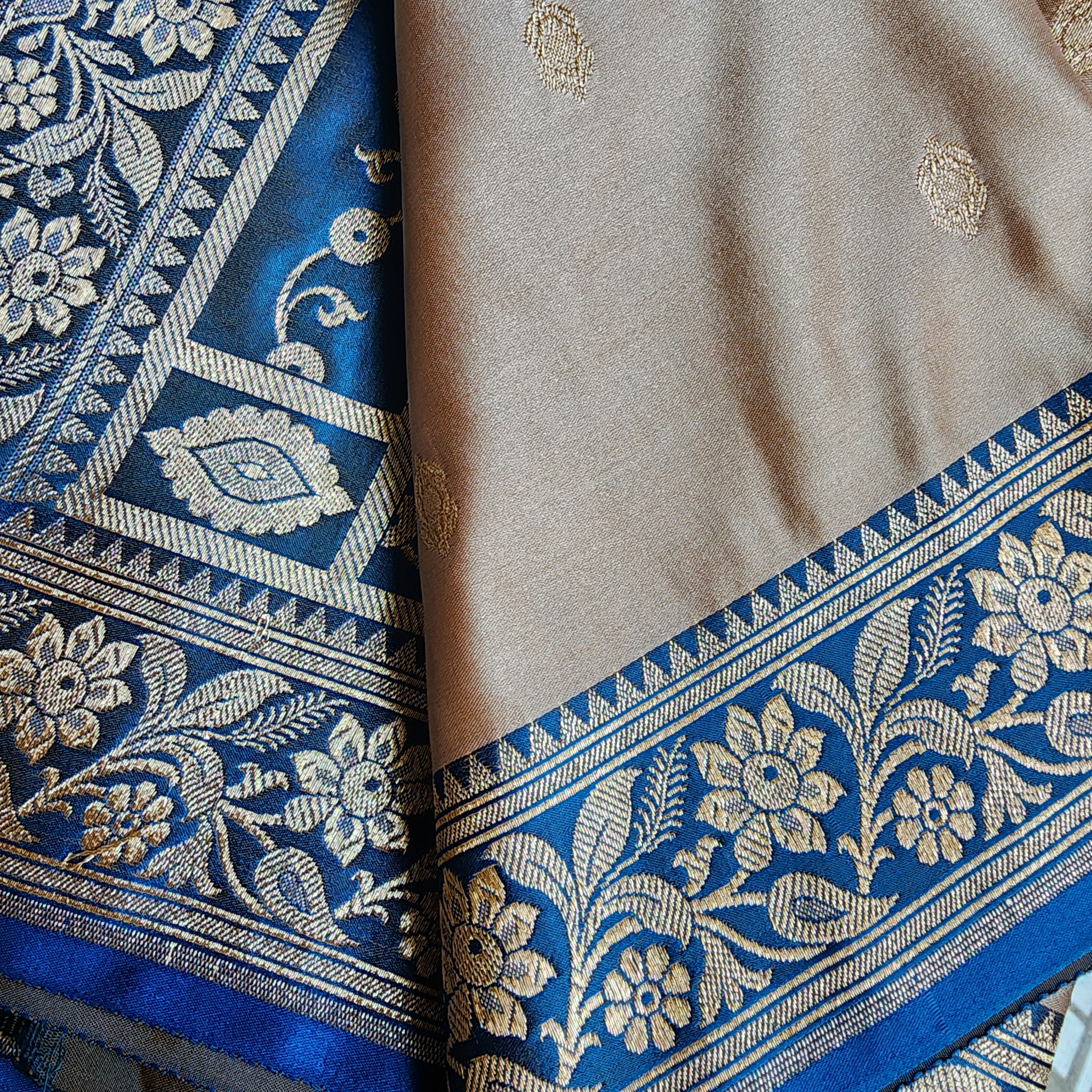 Champagne Beige Katan Silk Saree with Royal Blue and Gold Zari Border