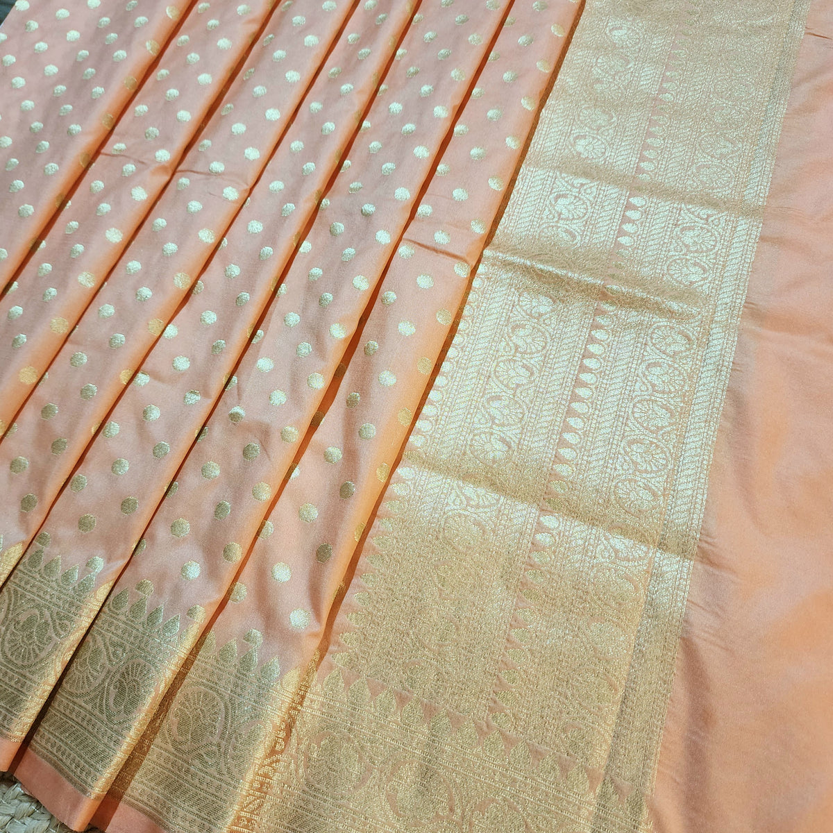 Peach Banarasi Silk Dupatta with Gold Polka Dot