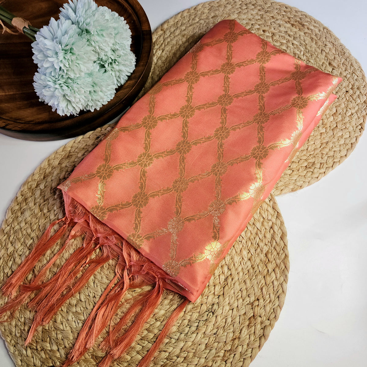 Banarasi Tapetta Silk - Peach Zari Jaal Dupatta