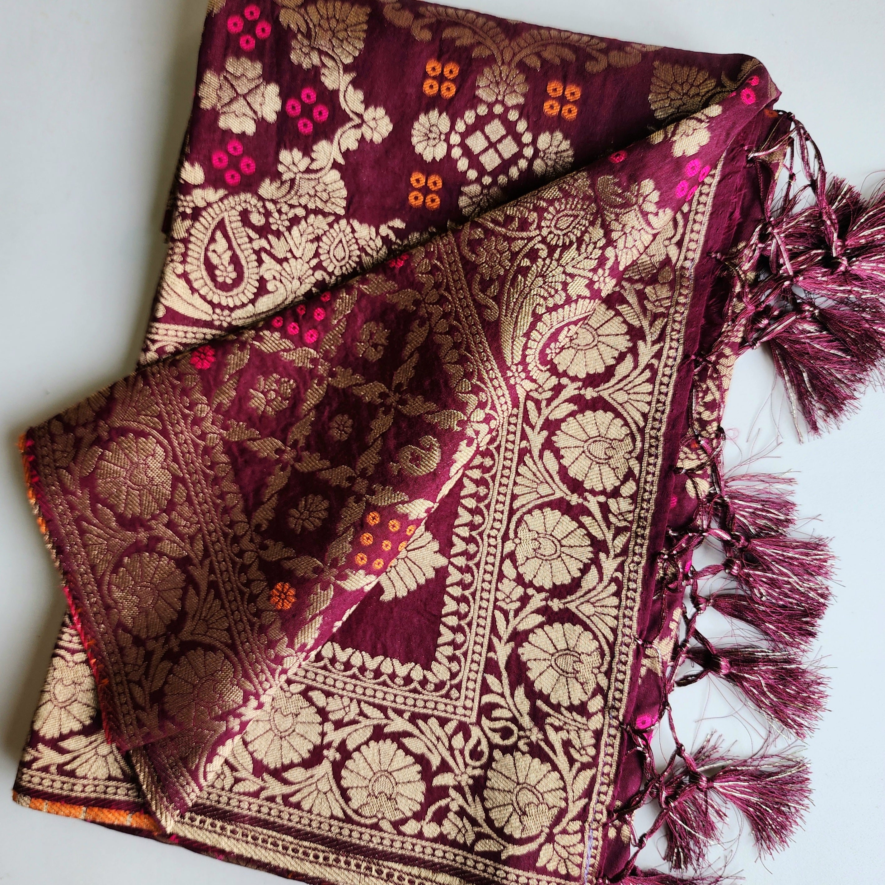 Deep Plum Bandhani Dupatta with Floral and Geometric Zari Weave