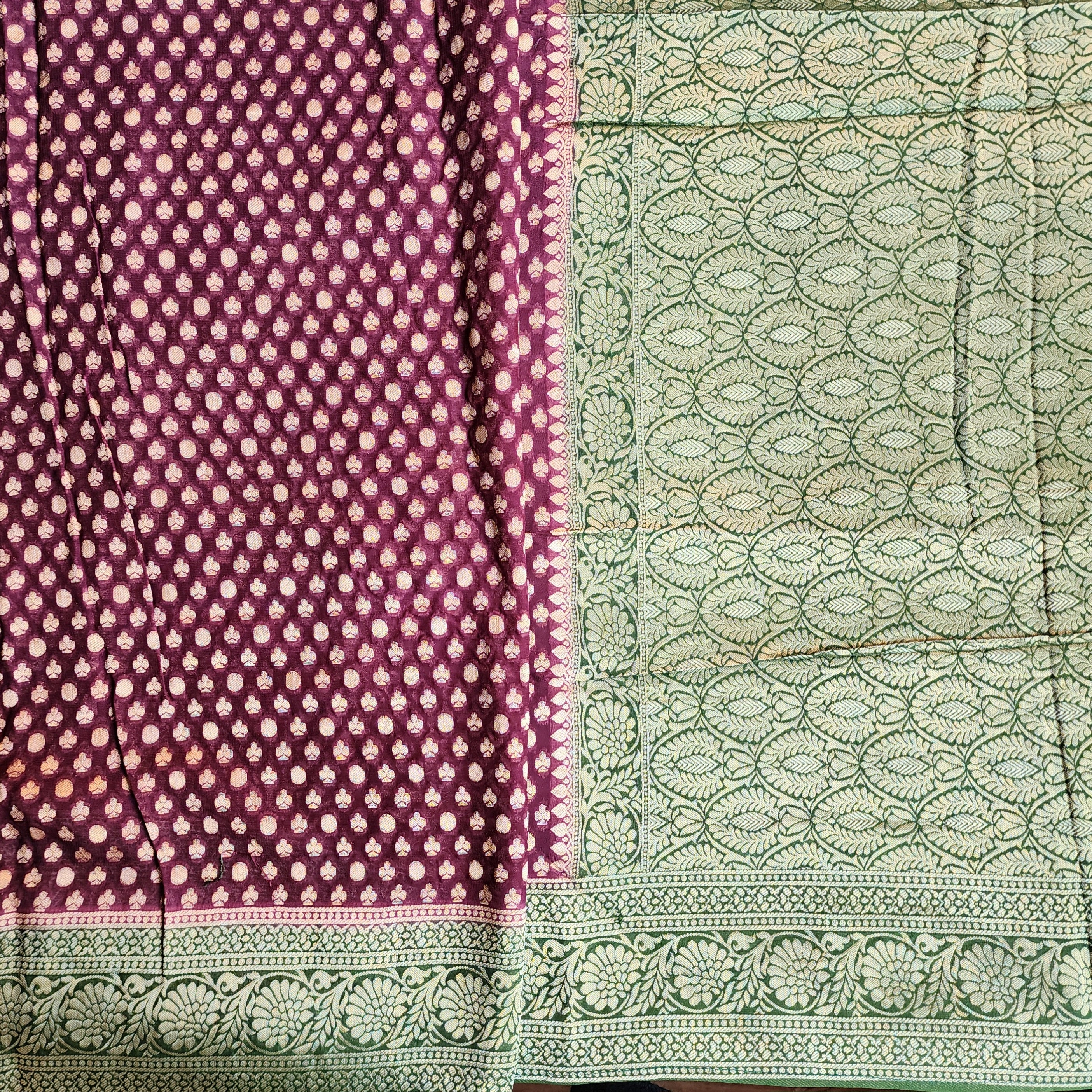 Purple Khaddi Georgette Pure Banarasi Saree with Green Border