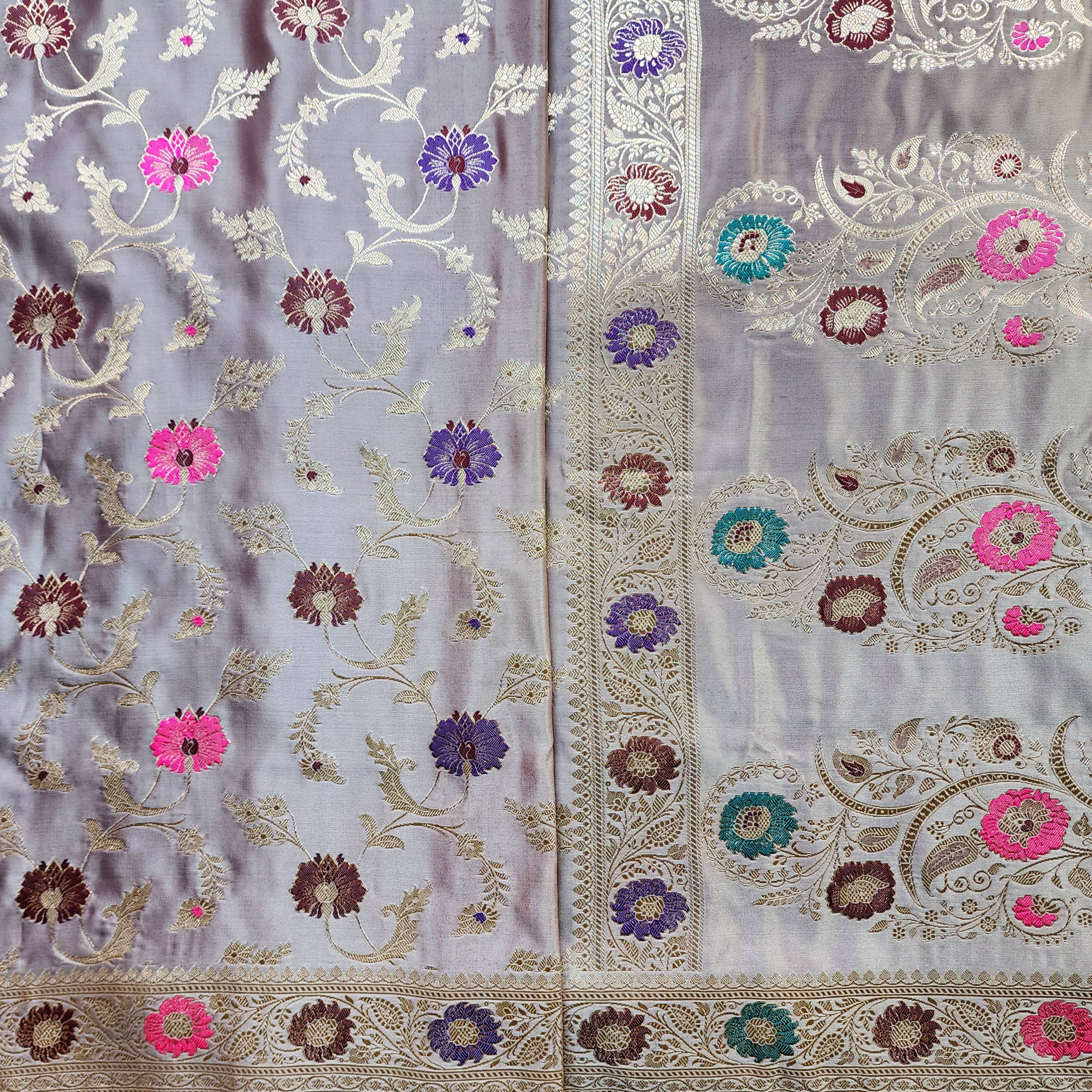 Enriched Banarasi Katan Silk Saree | Lavender Mist Multicolor Meenakari Floral Jaal