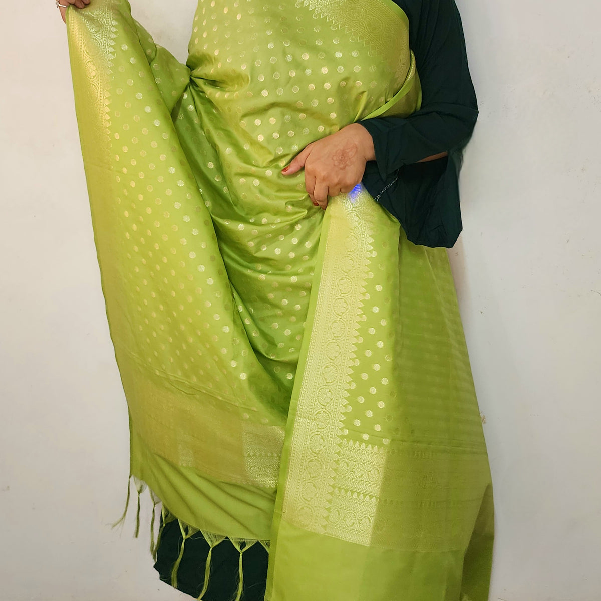 Lime Green Banarasi Silk Dupatta with Gold Polka Dot