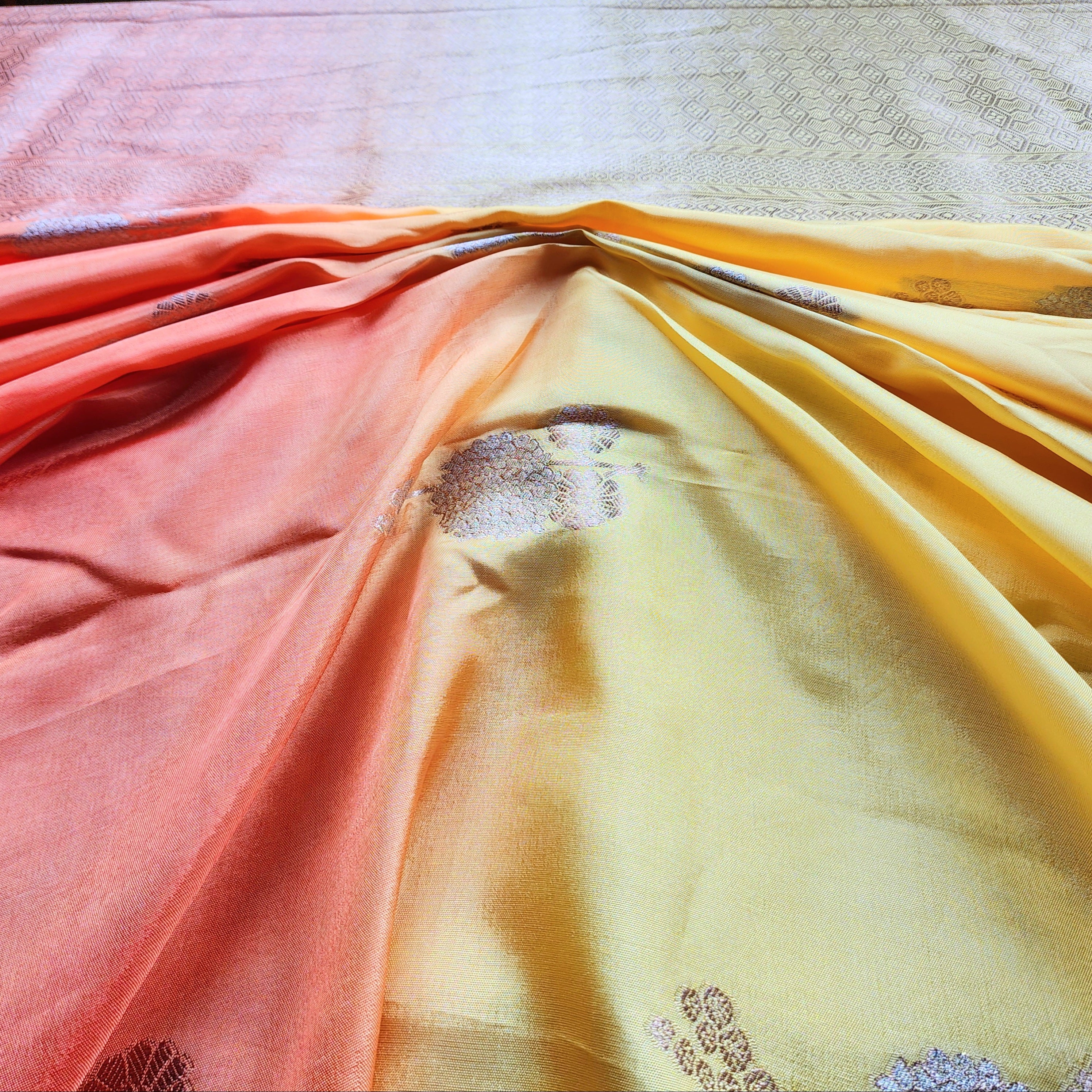 Sunrise Yellow Dupion Silk Saree with Orange Hues