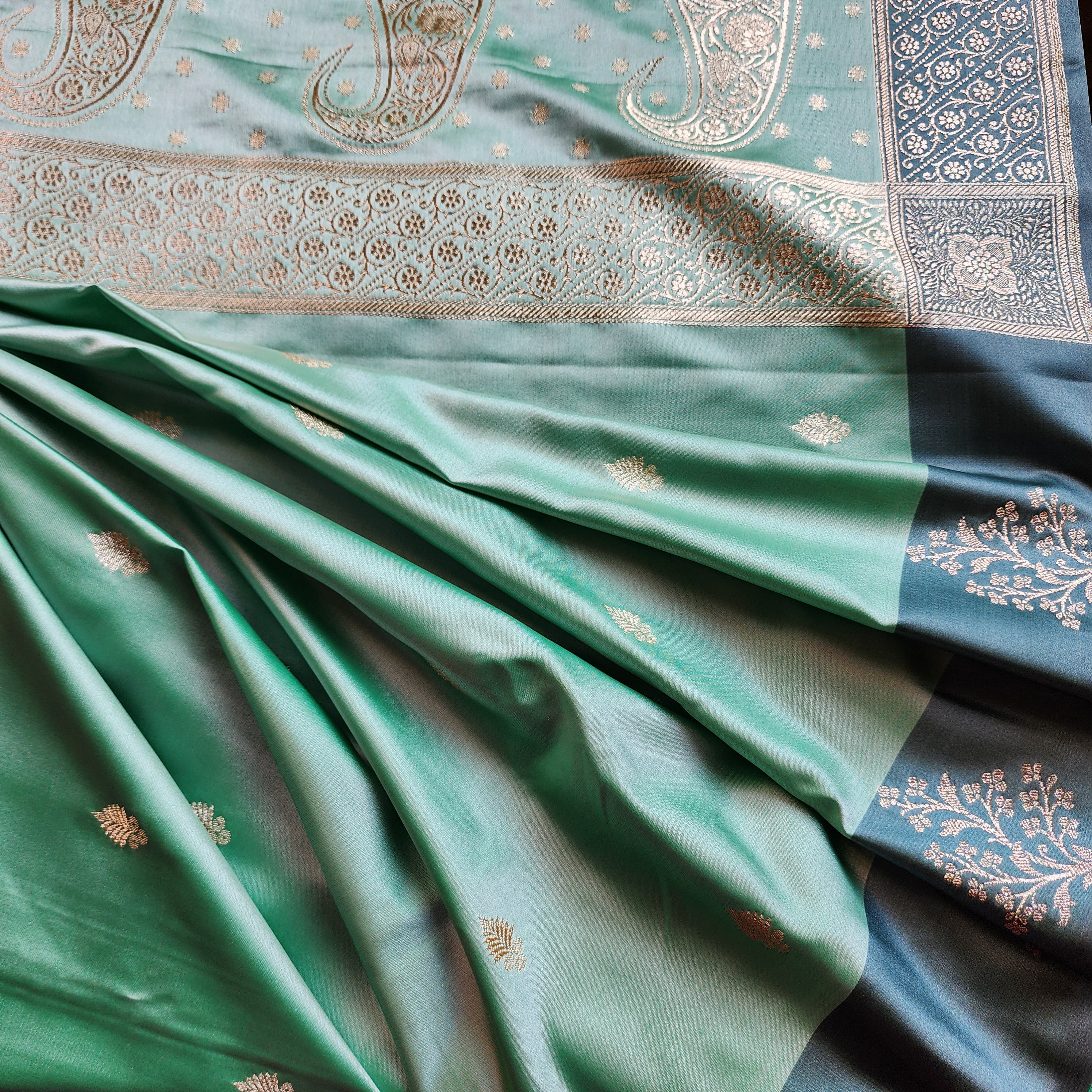 Sea Green Katan Silk Saree with Peacock Green Gold Zari Border