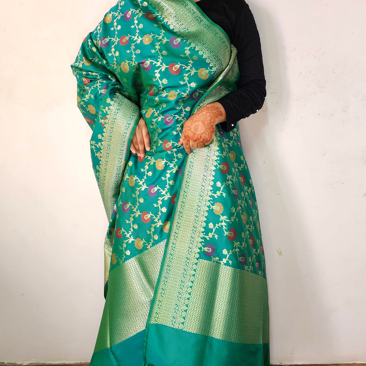 Banarasi Silk Floral Jaal Dupatta - Deep Teal
