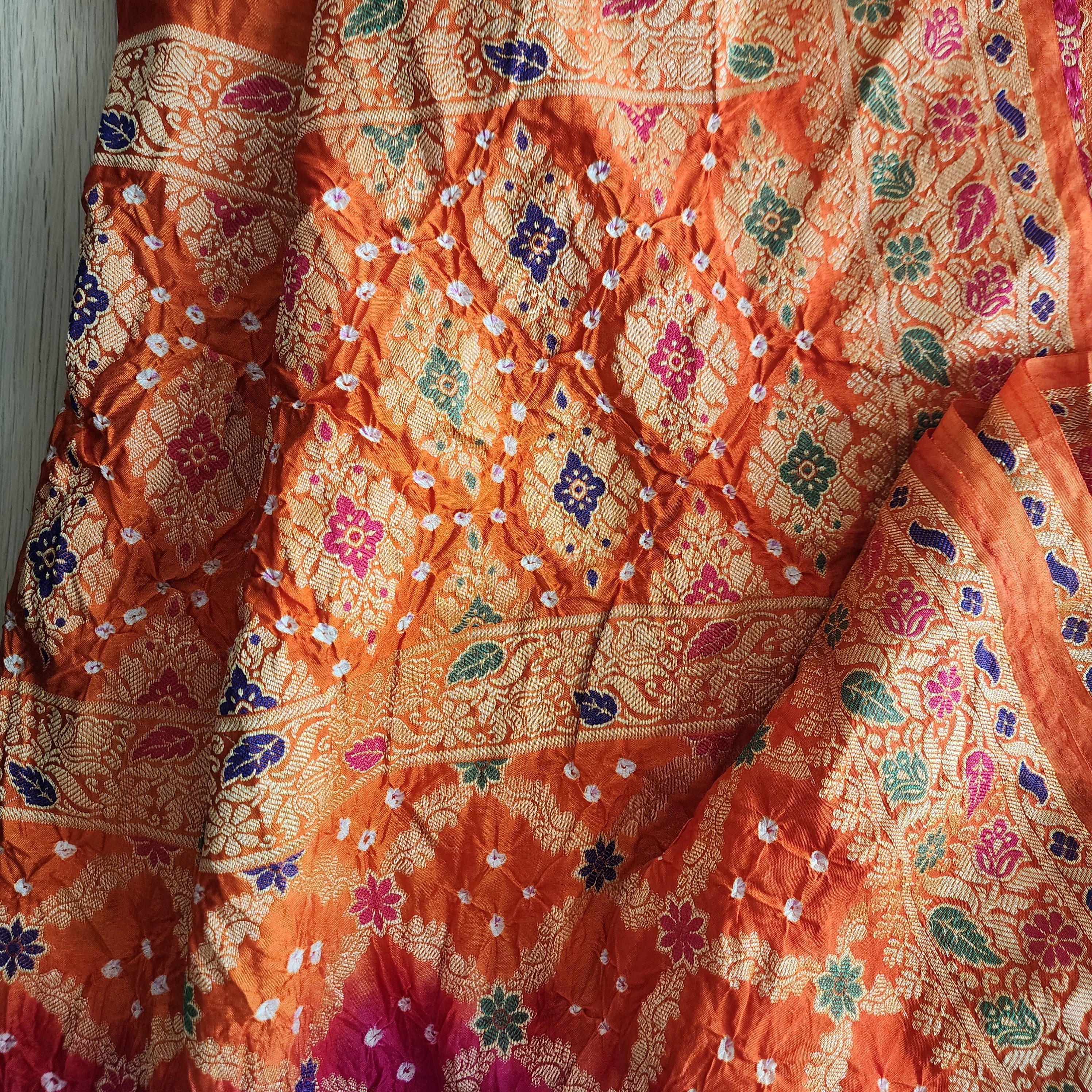 Orange & Rani Pink Bandhni dupatta with Banarasi Meenakari work