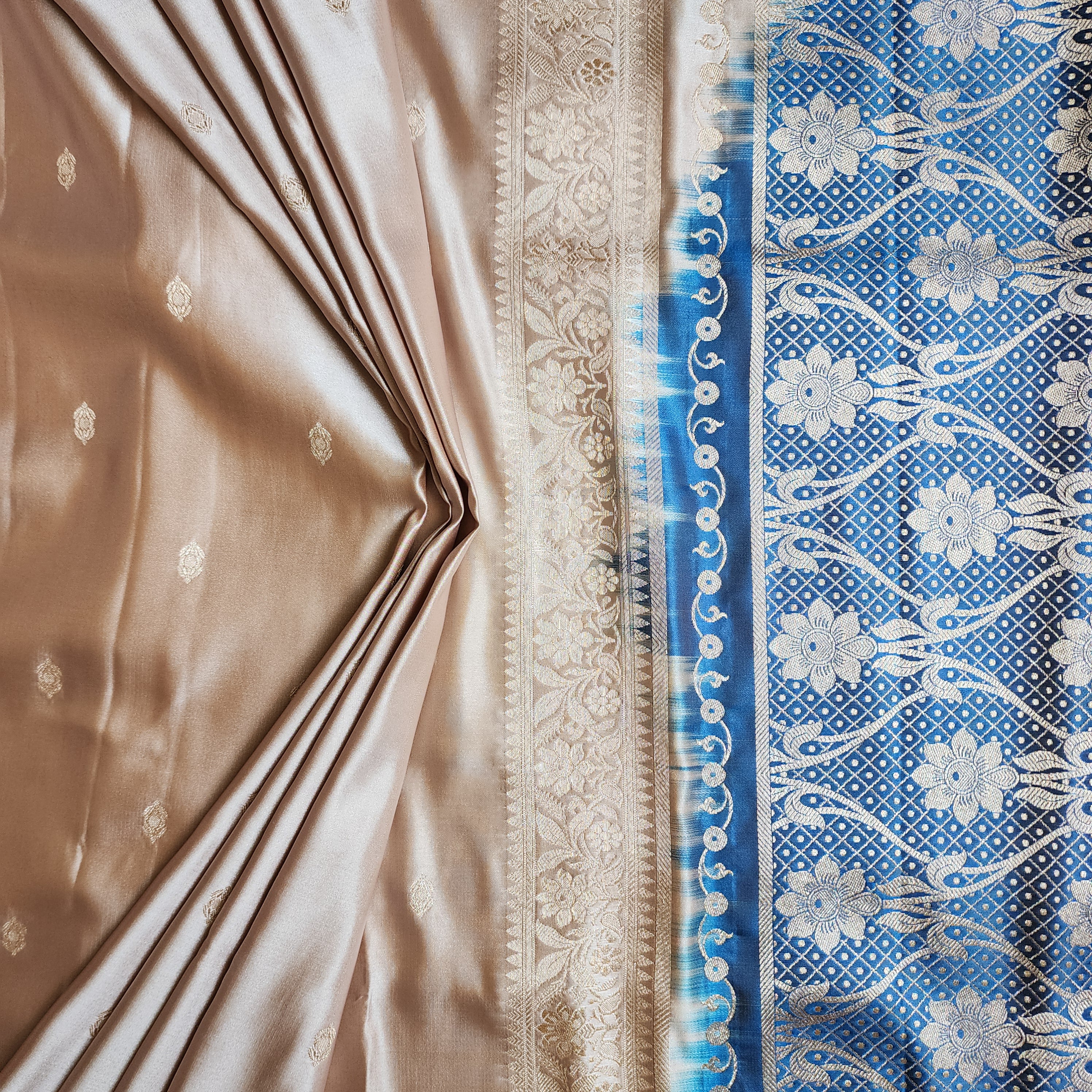 Champagne Beige Katan Silk Saree with Royal Blue and Gold Zari Border