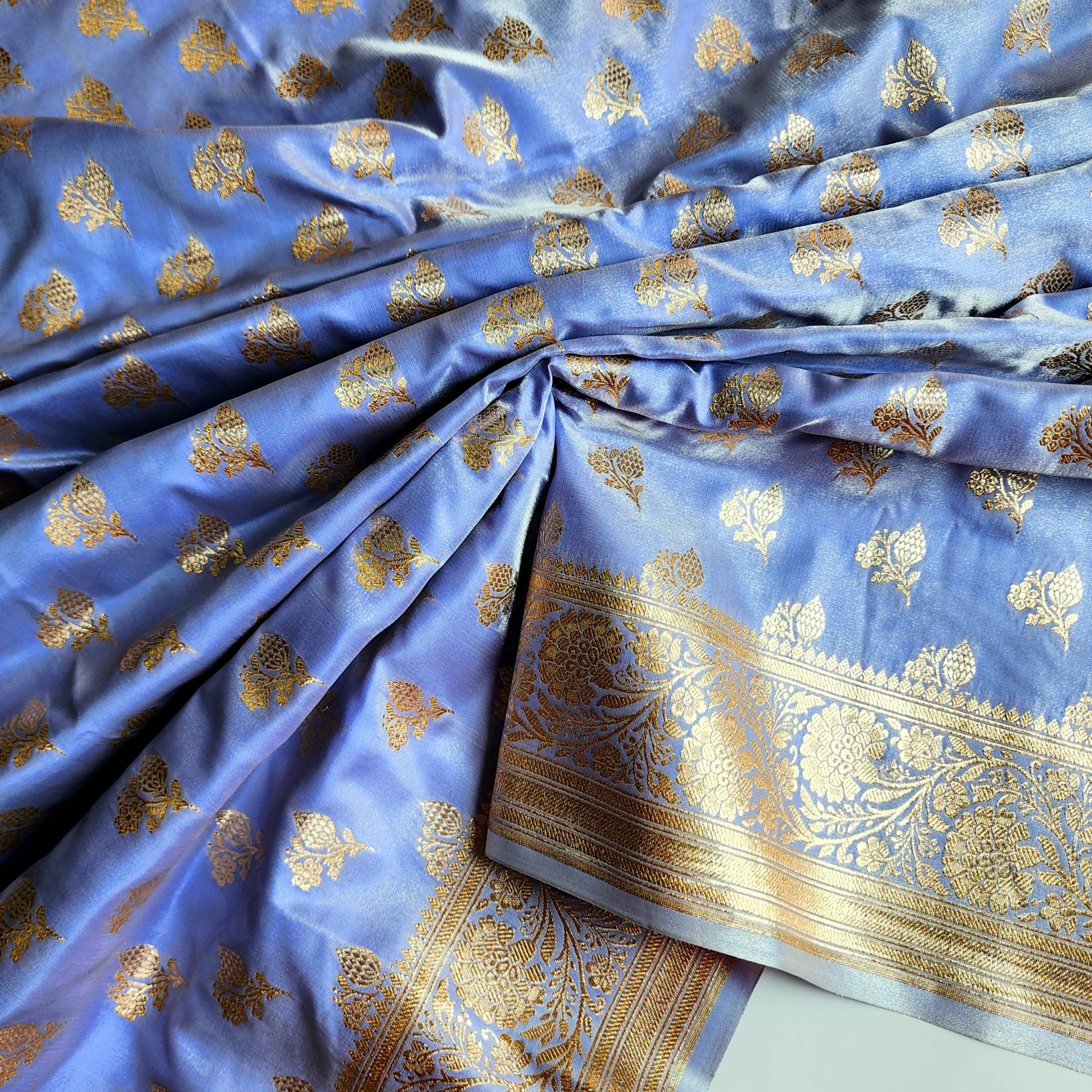 Rich Periwinkle Blue Banarasi Silk Saree with Gold Zari Weaving