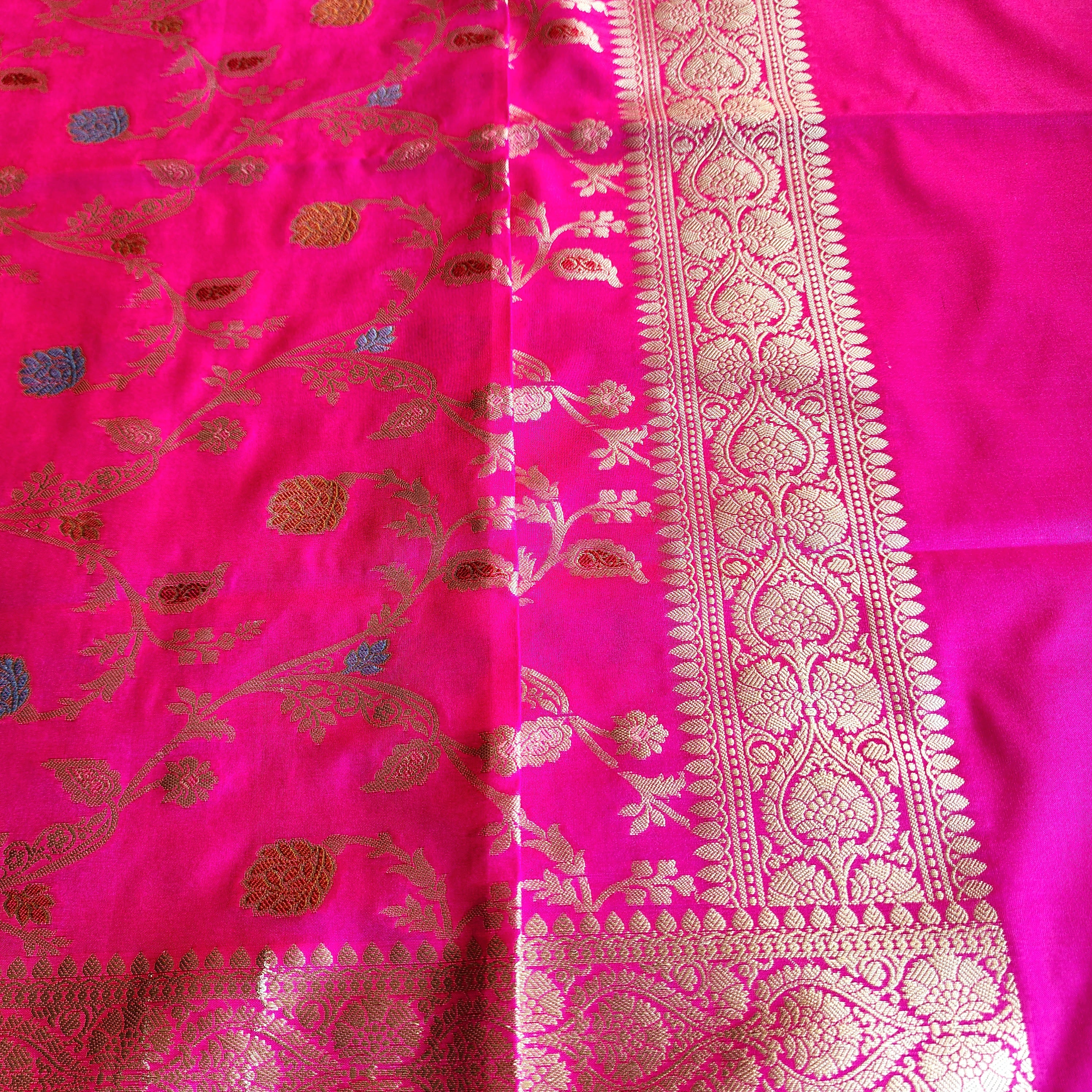 Hot Pink Banarasi Silk Dupatta with Gold Zari Border & Multicolor Meenakari Work