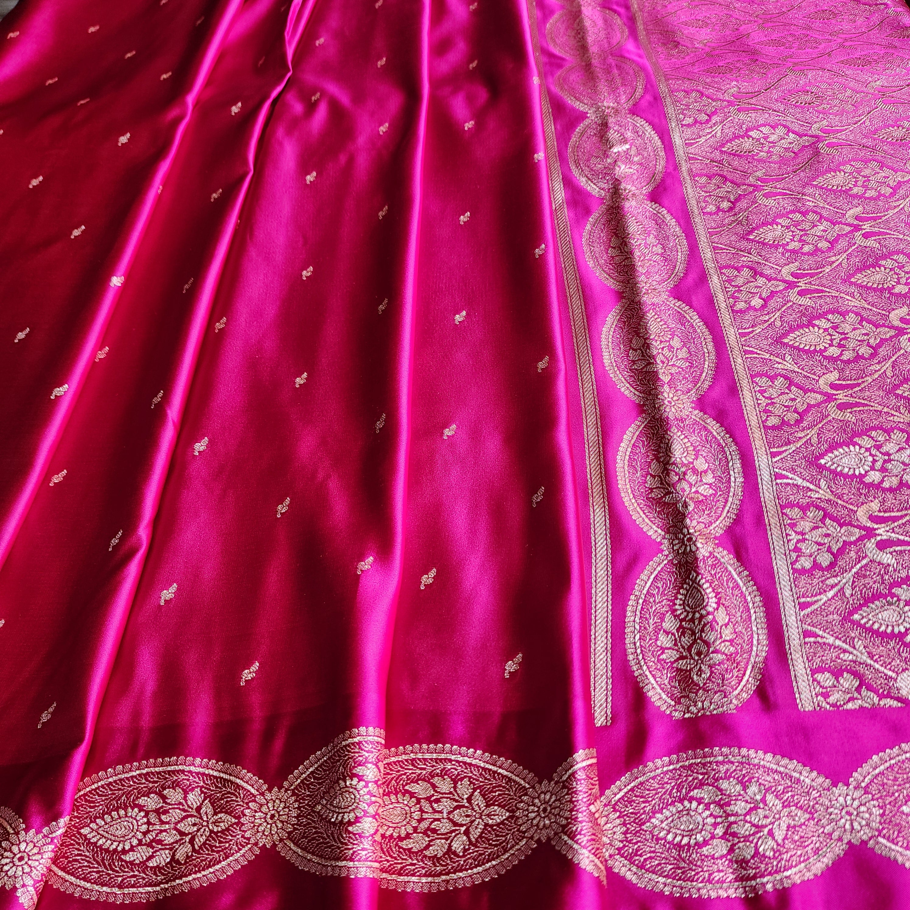 Bright Pink Pure Banarasi Katan Silk Saree with Gold Zari Weaving