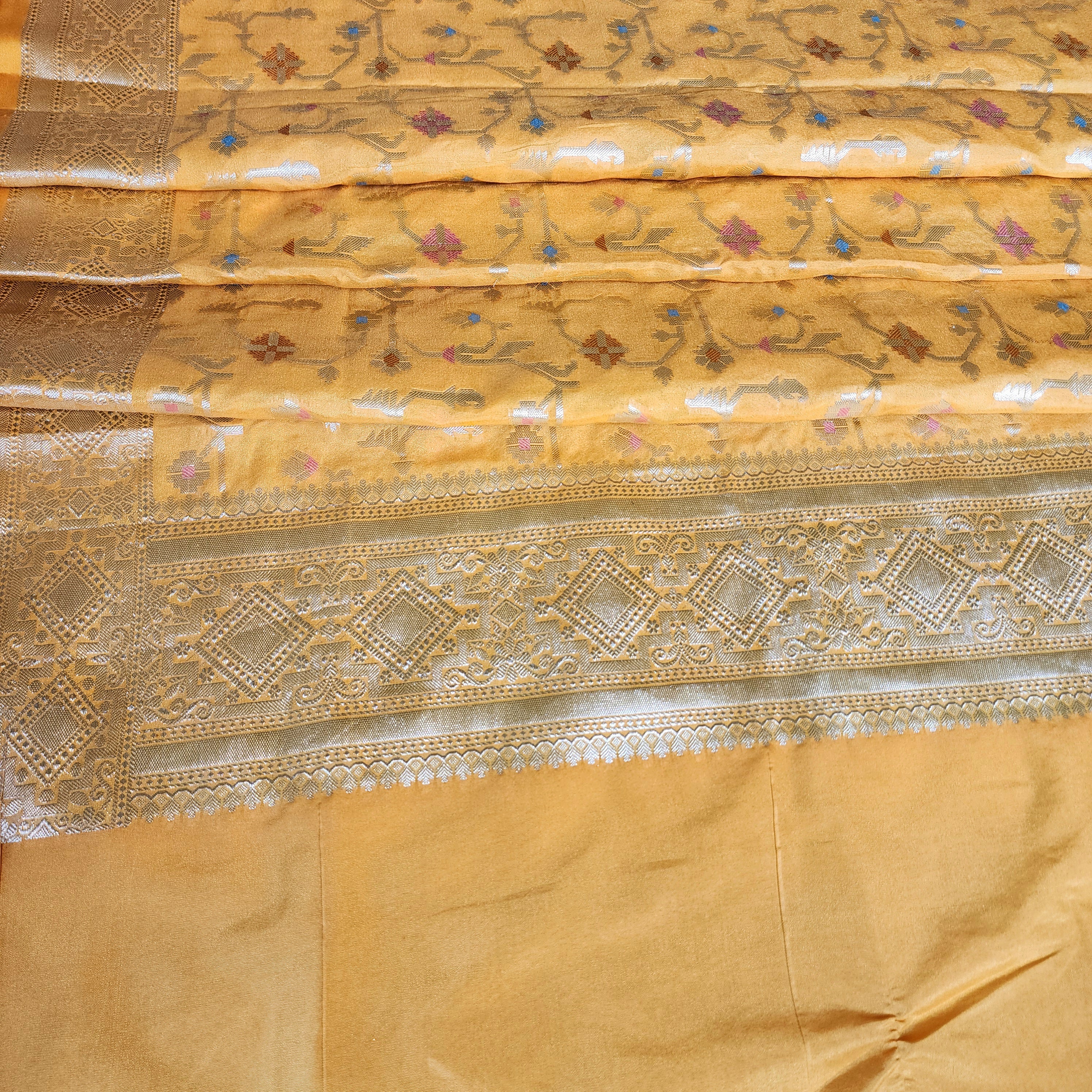 Golden Grid Banarasi Silk Dupatta with Meenakari Work in Mustard Yellow