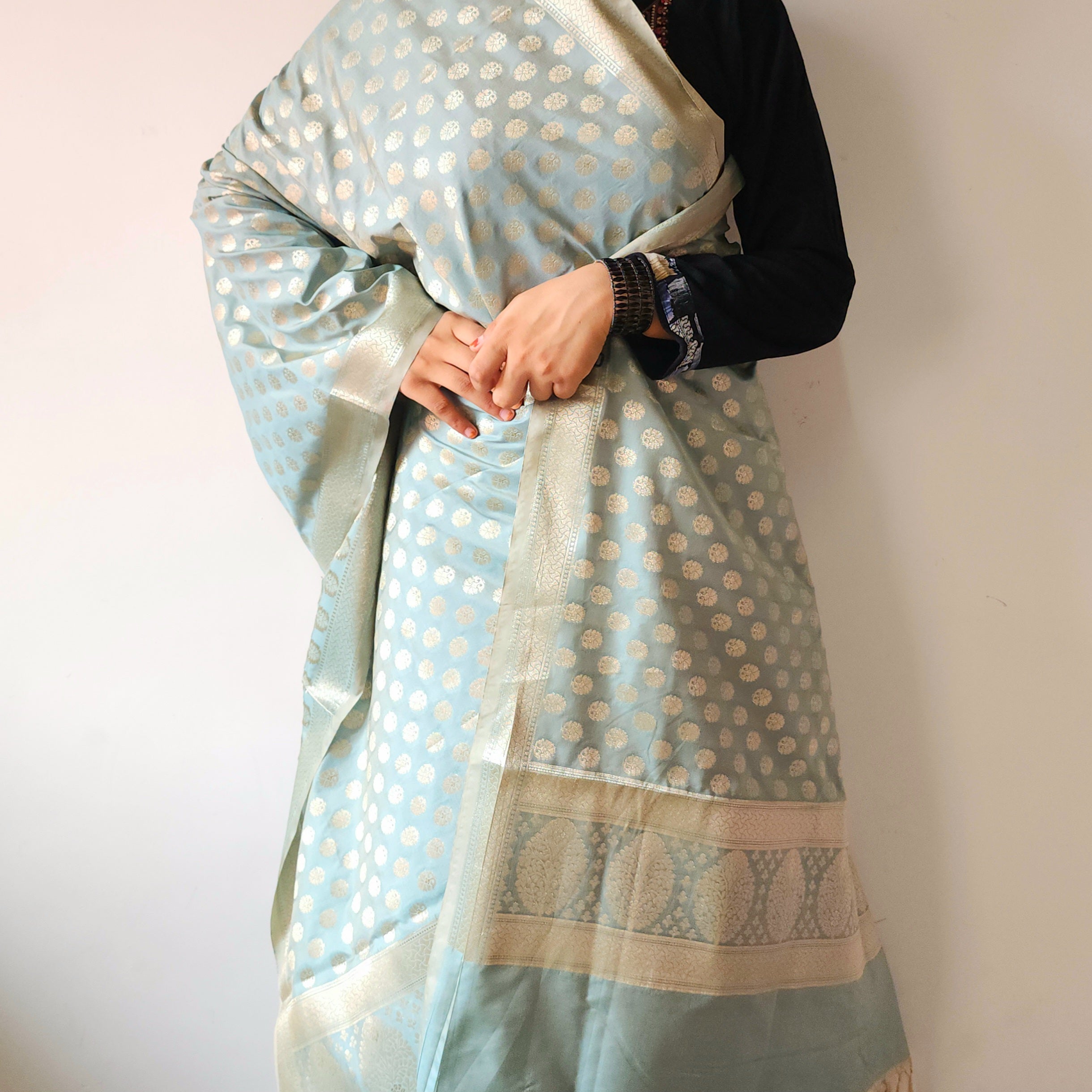 Dusty Mint Banarasi Dupatta with Soft Polka Dots