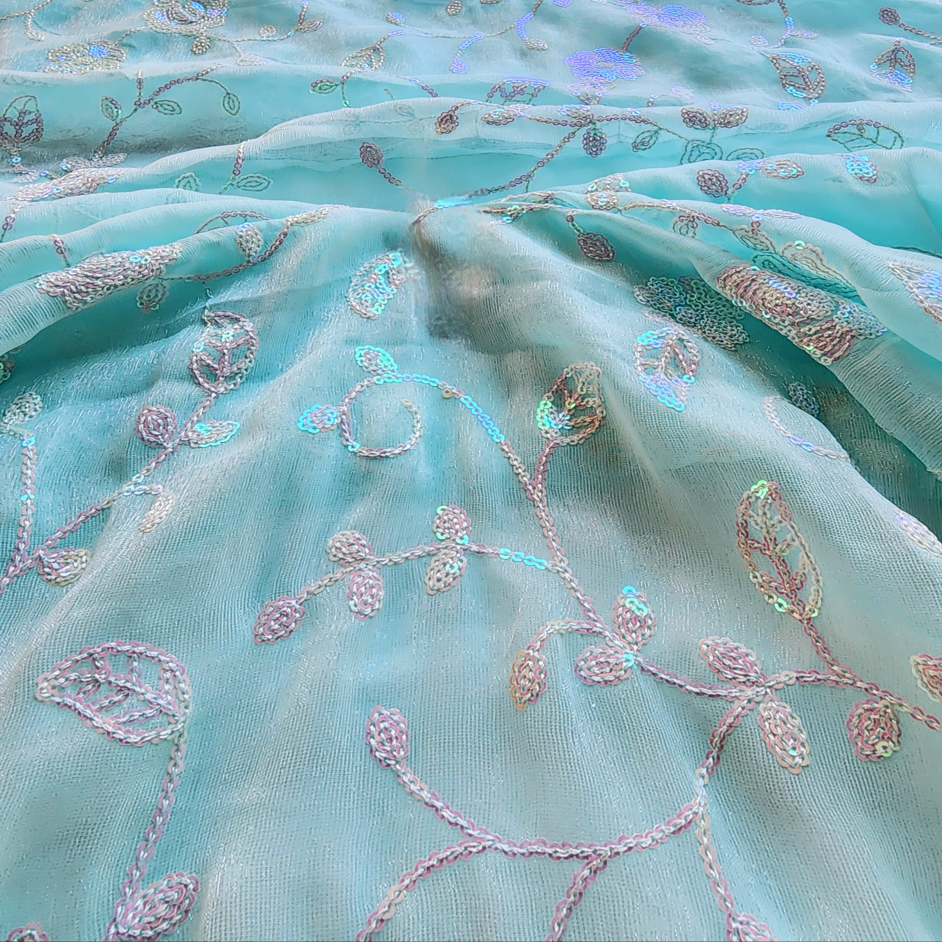 Georgette Designer Sequinned Saree - Mint Aqua