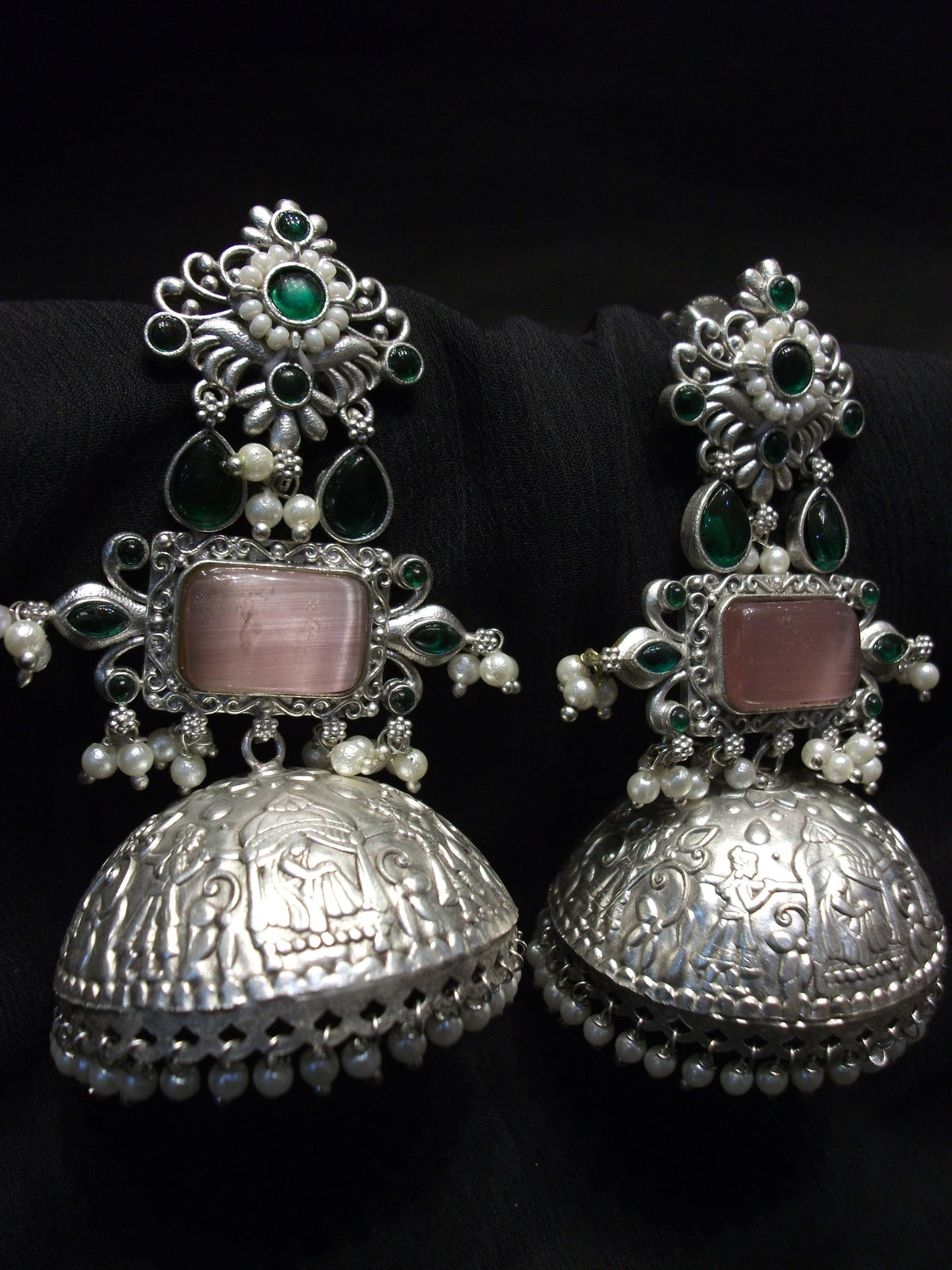 Antique Rectangular Blush Pink Cabochon Jhumka Earrings