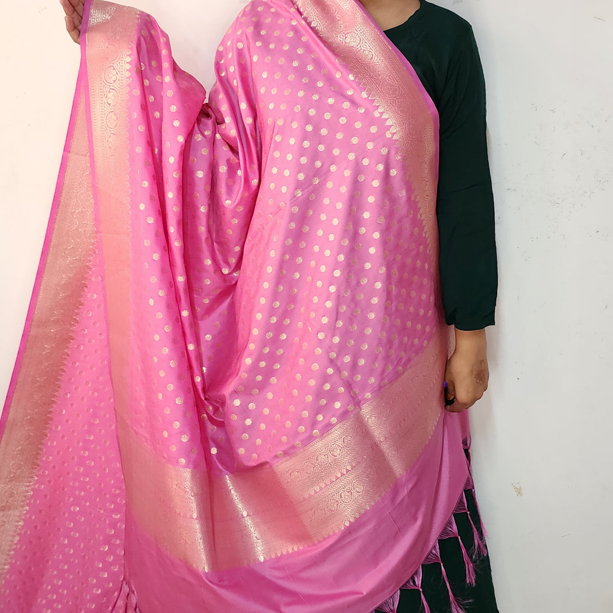Rani Pink Banarasi Silk Dupatta with Gold Polka Dot