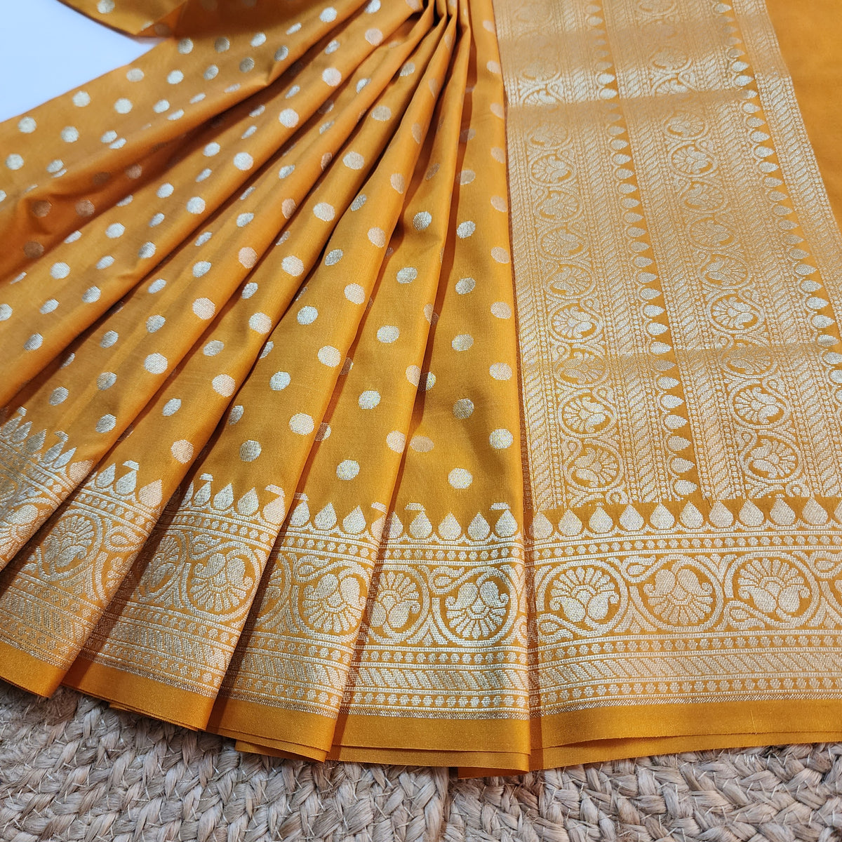 Mustard Yellow Banarasi Silk Dupatta with Gold Polka Dot