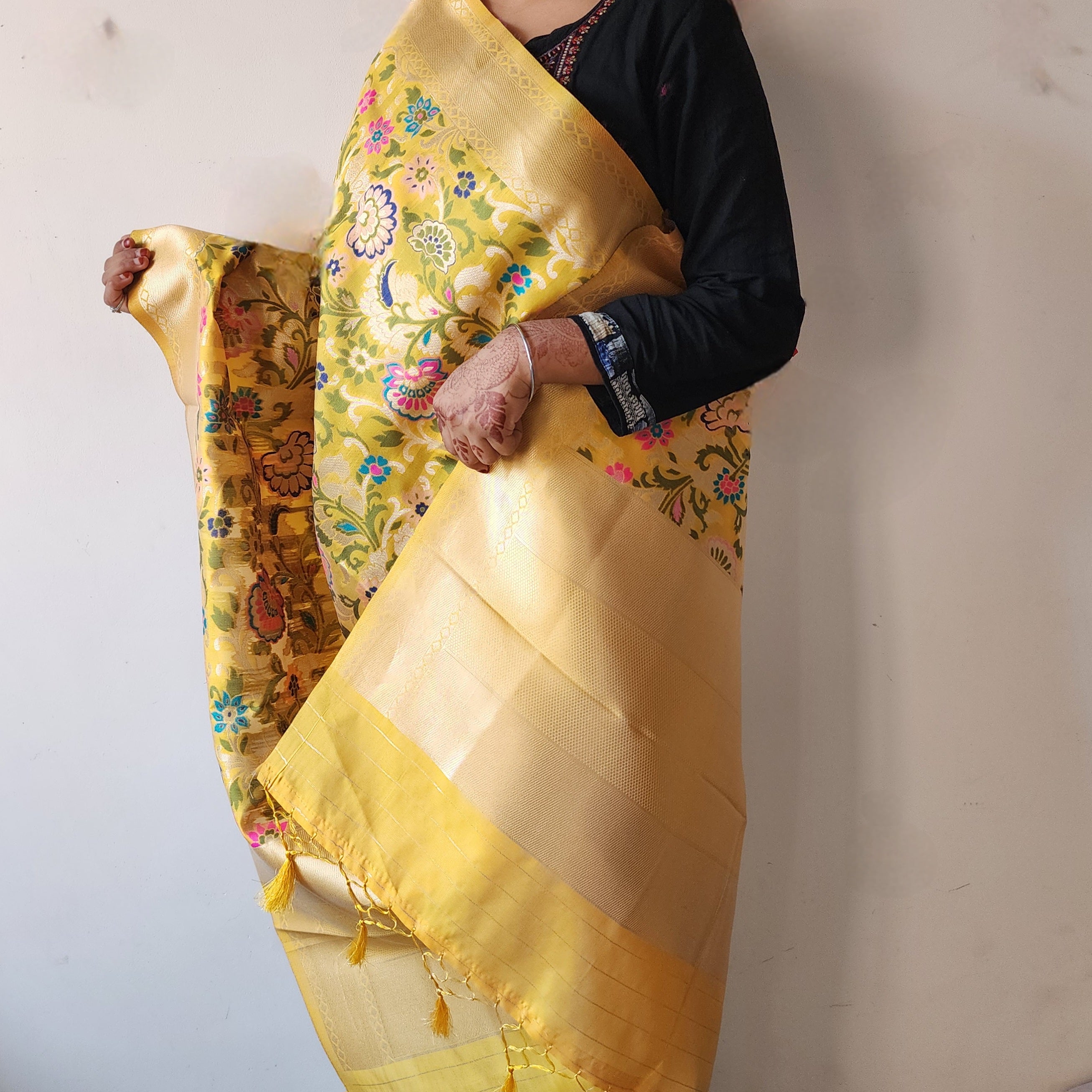 Banarasi Silk Sunshine Yellow Dupatta with Multicolor & Gold Floral Handweaving