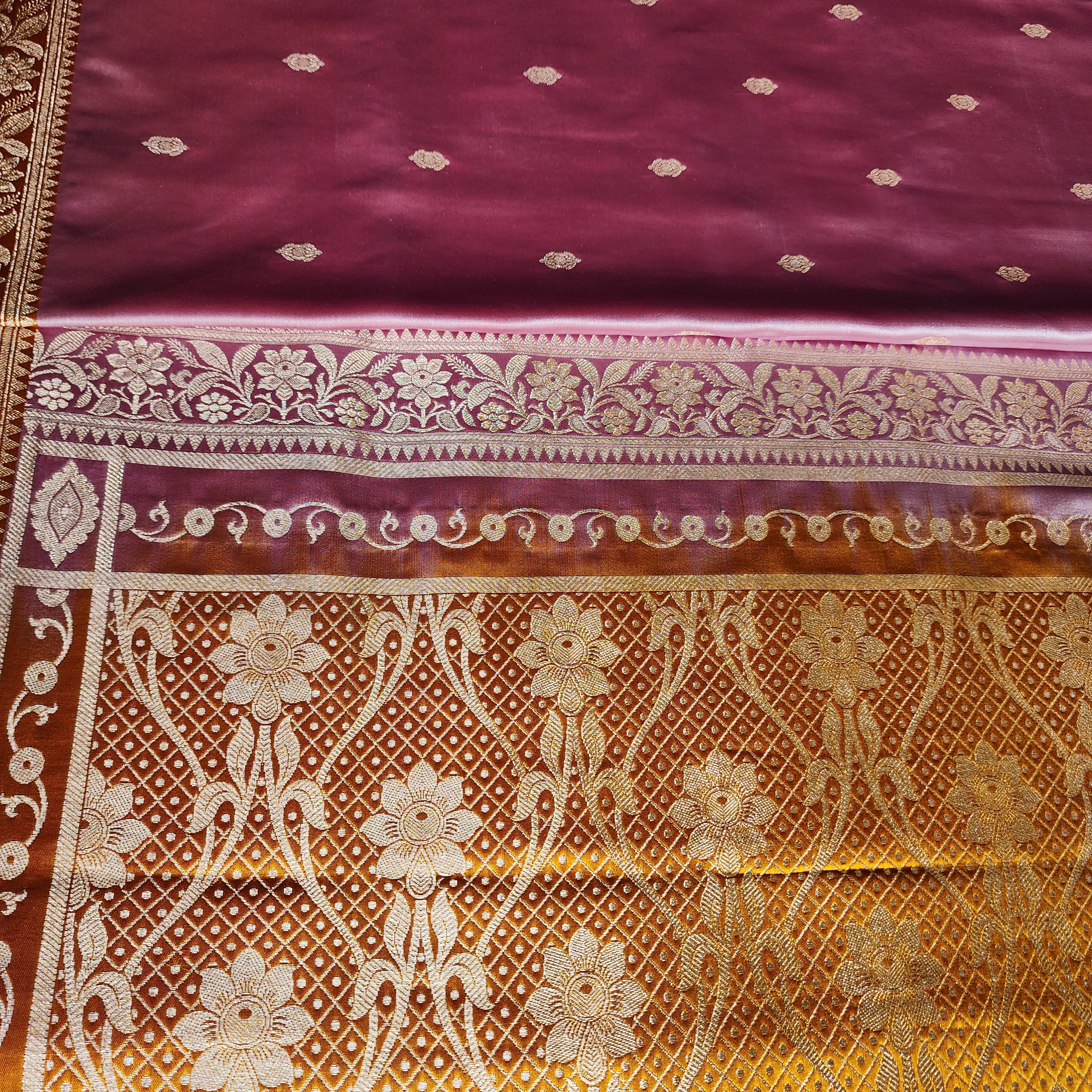 Dusty Rose Pink Katan Silk Saree with Mustard and Gold Zari Border