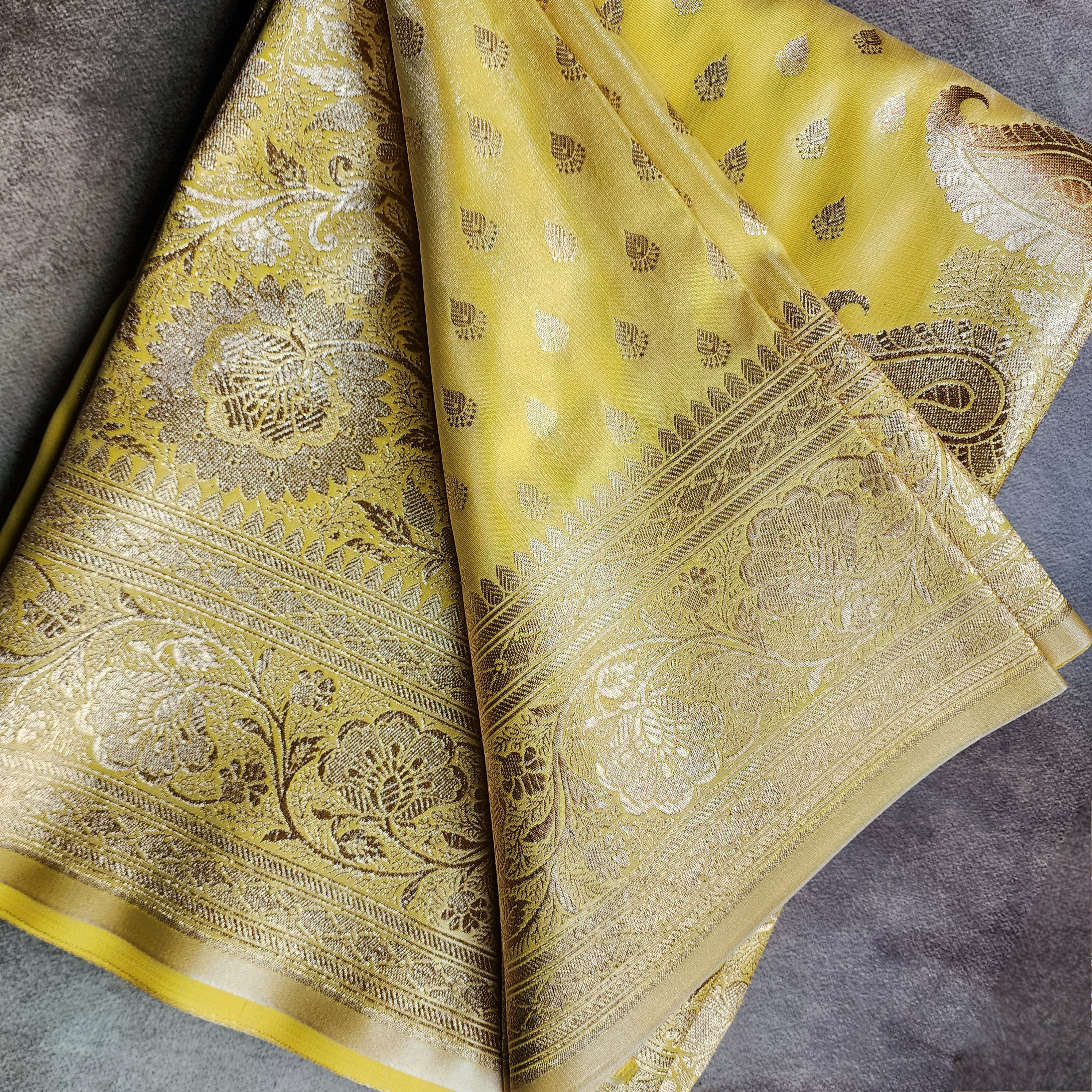 Rich Lemon Yellow Banarasi Silk Saree with Gold Zari Weaving