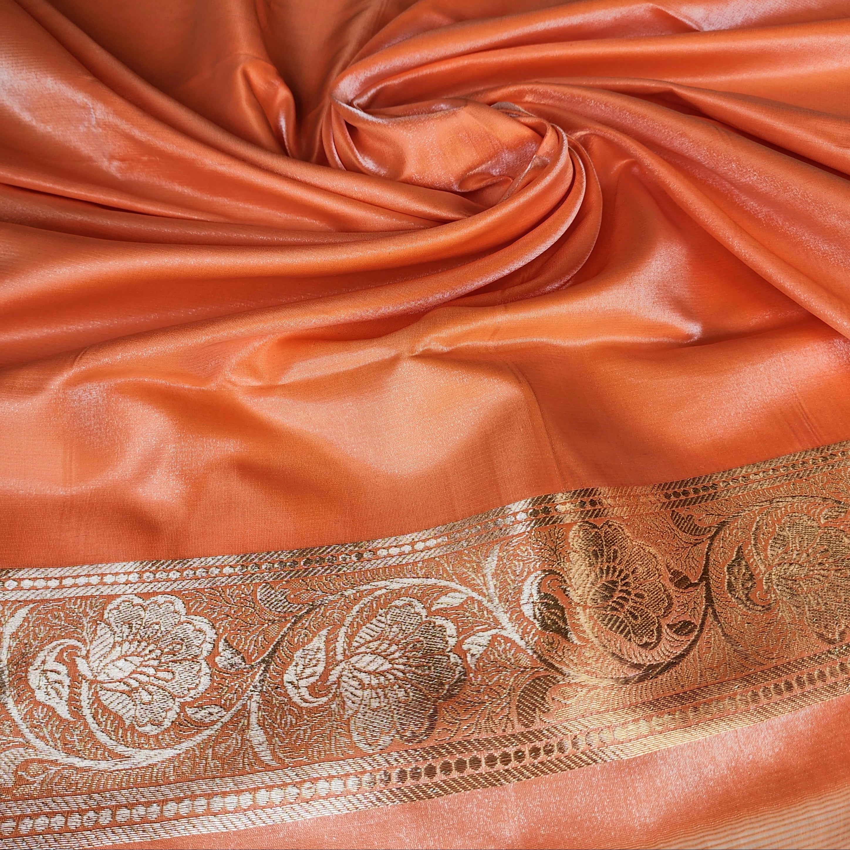 Rich Burnt Orange Banarasi Silk Saree with Gold Zari Weaving