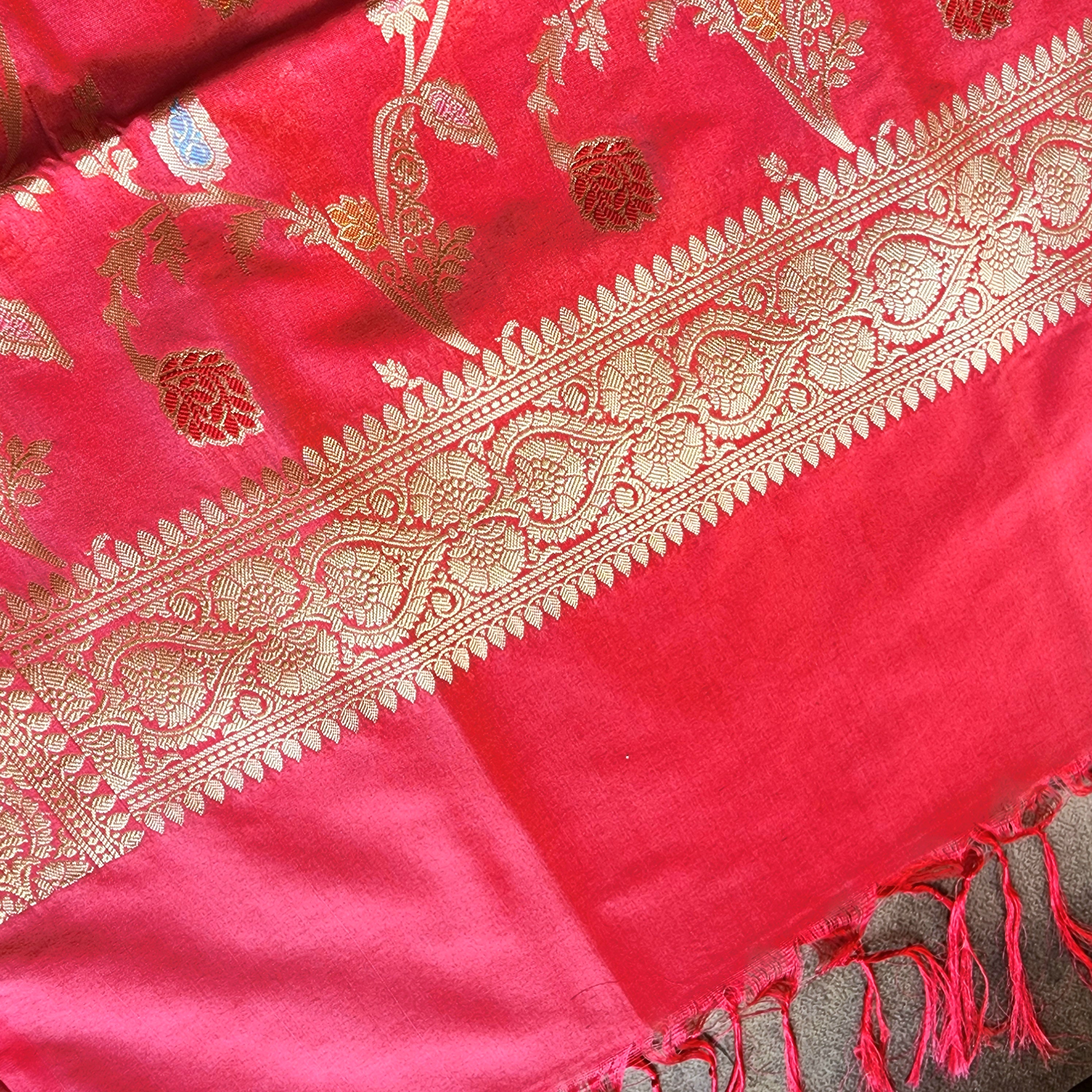 Rani Pink Banarasi Silk Dupatta with Gold Zari Border & Multicolor Meenakari Work