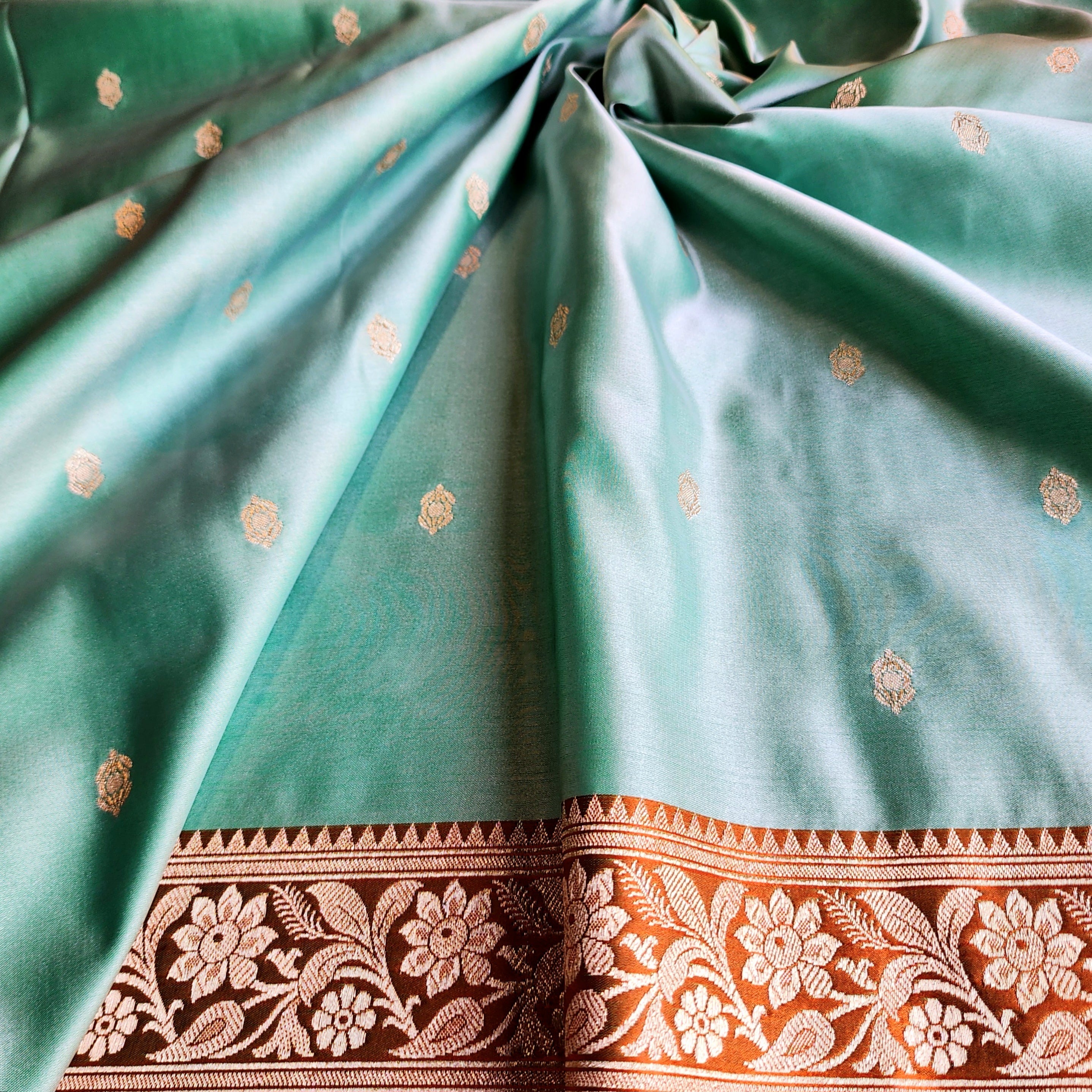 Aqua Katan Silk Saree with Rust and Gold Zari Border