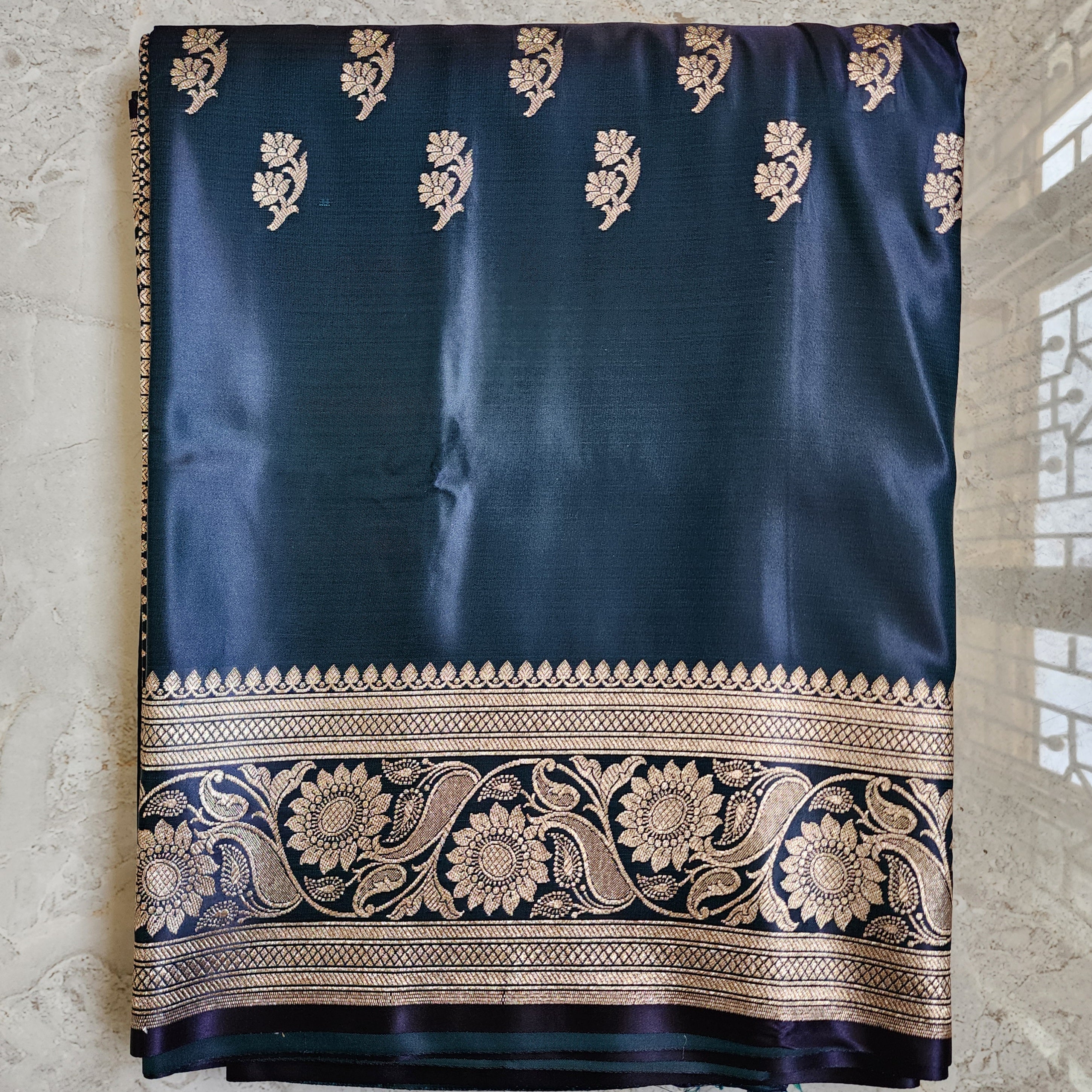Teal Blue Pure Banarasi Katan Silk Saree with light Gold Zari Weaving