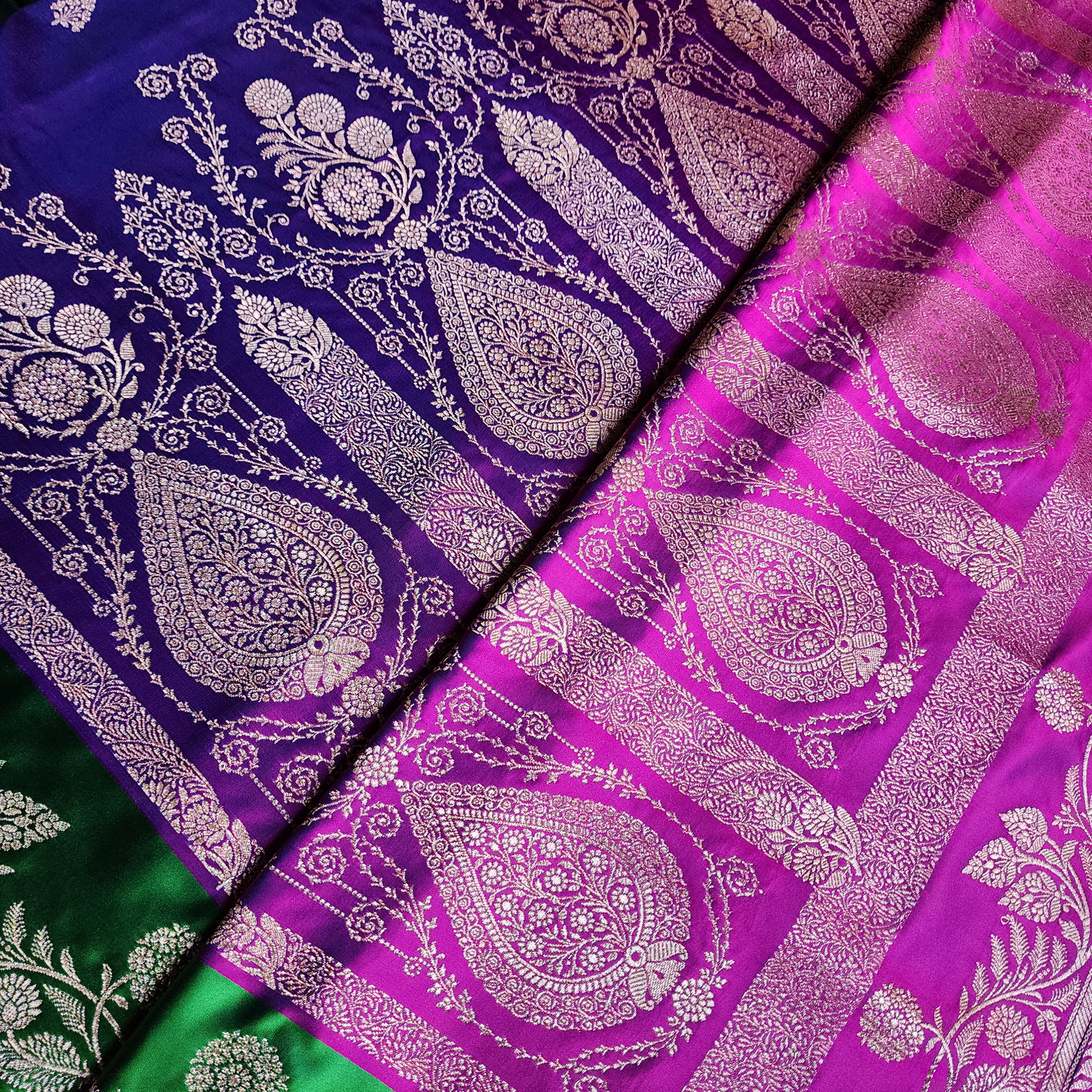 Royal Purple Pure Banarasi Katan Silk Saree with Leaf Green Border