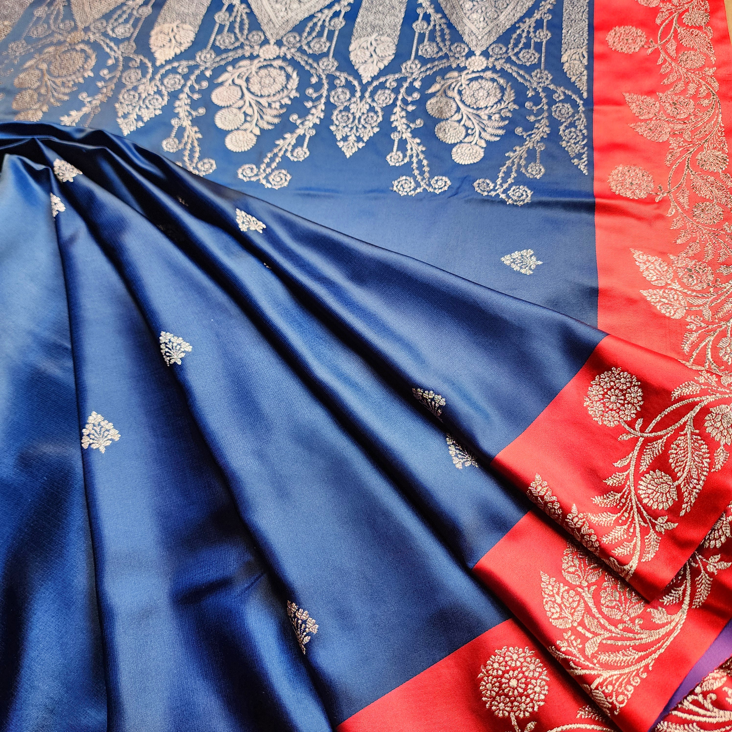 Navy Blue Pure Banarasi Katan Silk Saree with Vermilion Red Border