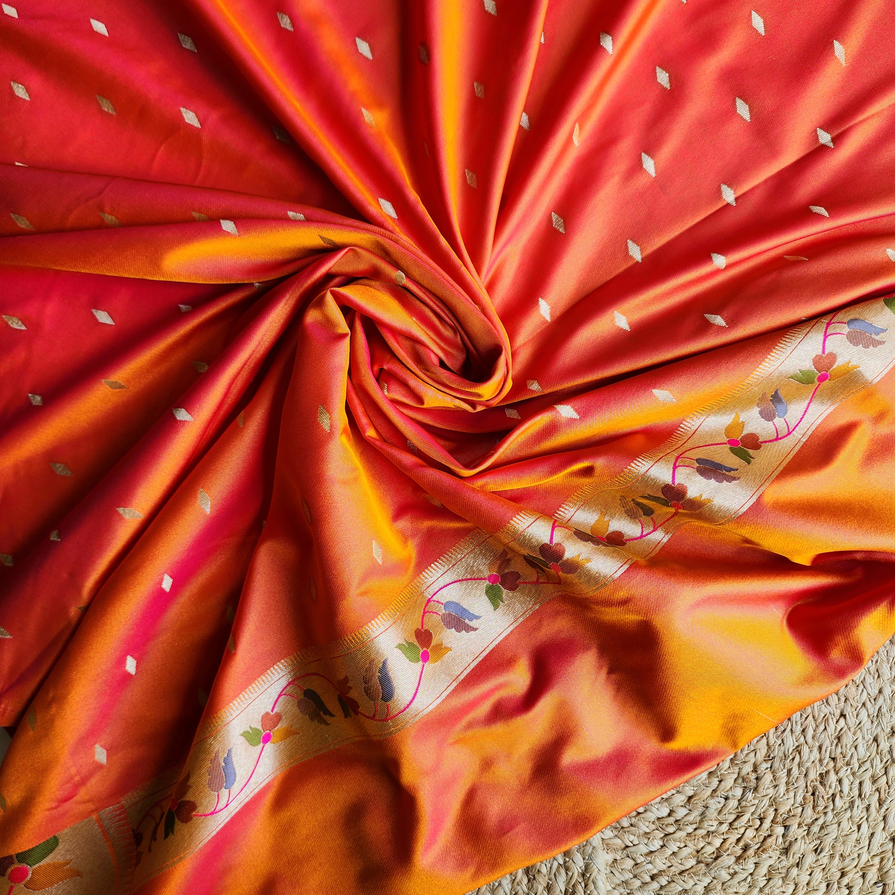 Raahi - Bright Orange Paithani Silk Saree with Stitched Blouse