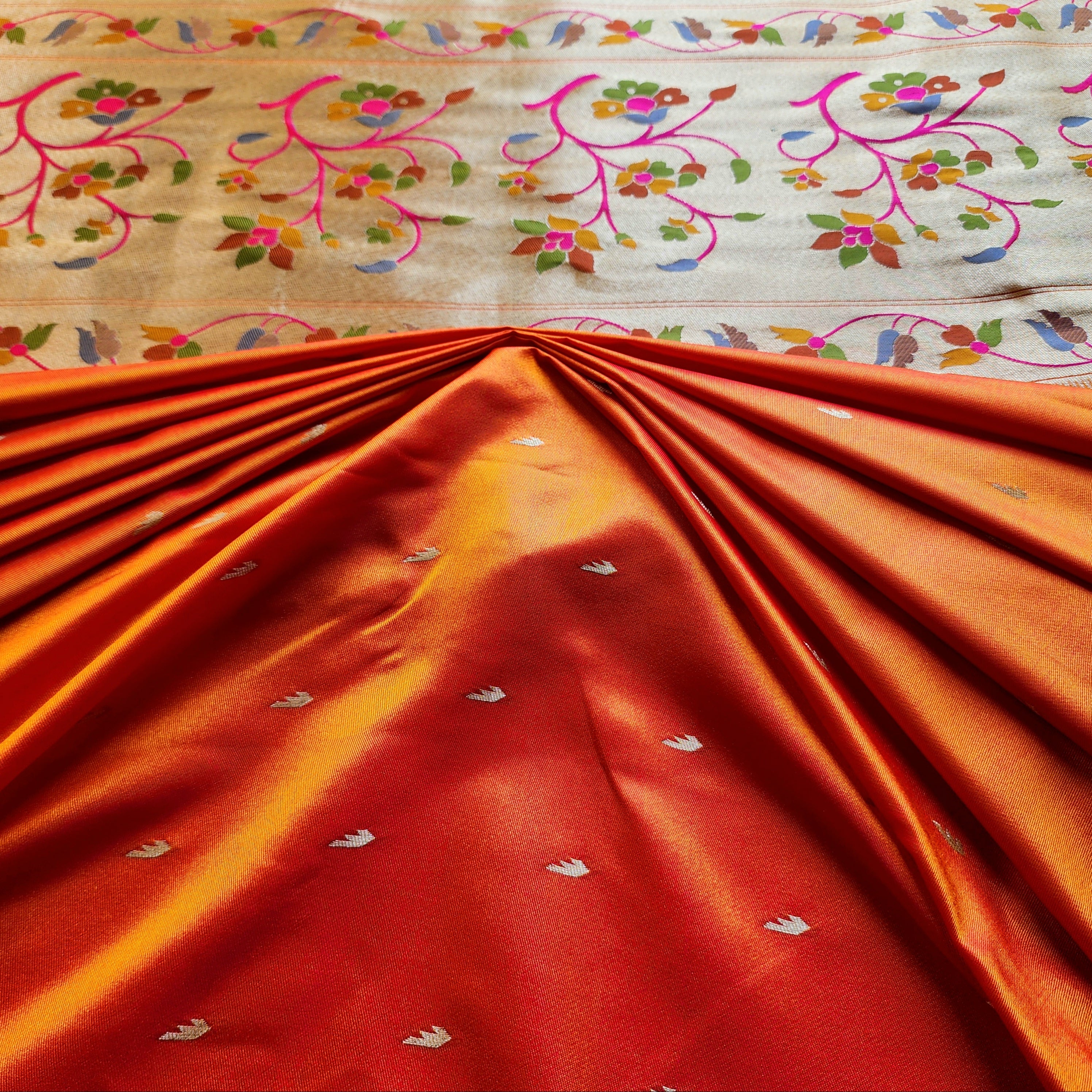 Raahi - Bright Orange Paithani Silk Saree with Stitched Blouse