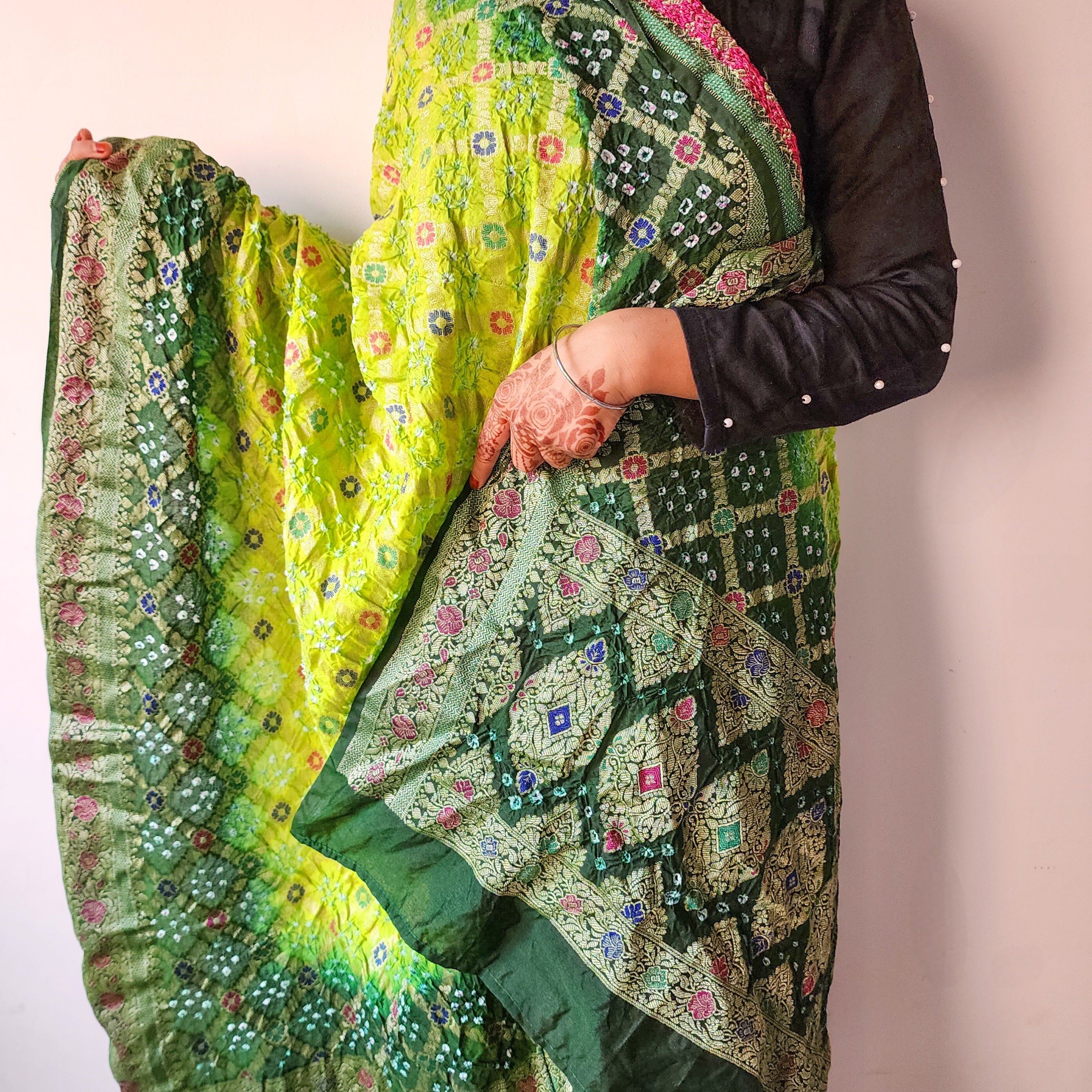 Dual-Tone Green Bandhni Dupatta with Golden Border & Banarasi Meenakari Work